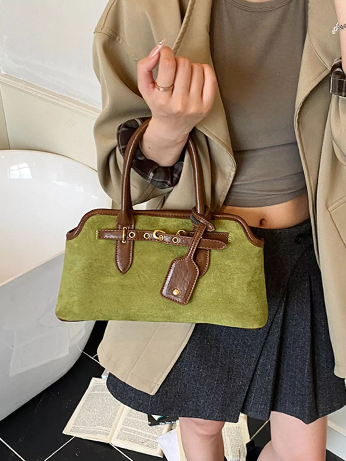 vintage buckle detail handbag – stylish sling | dropsona - neutral - front view