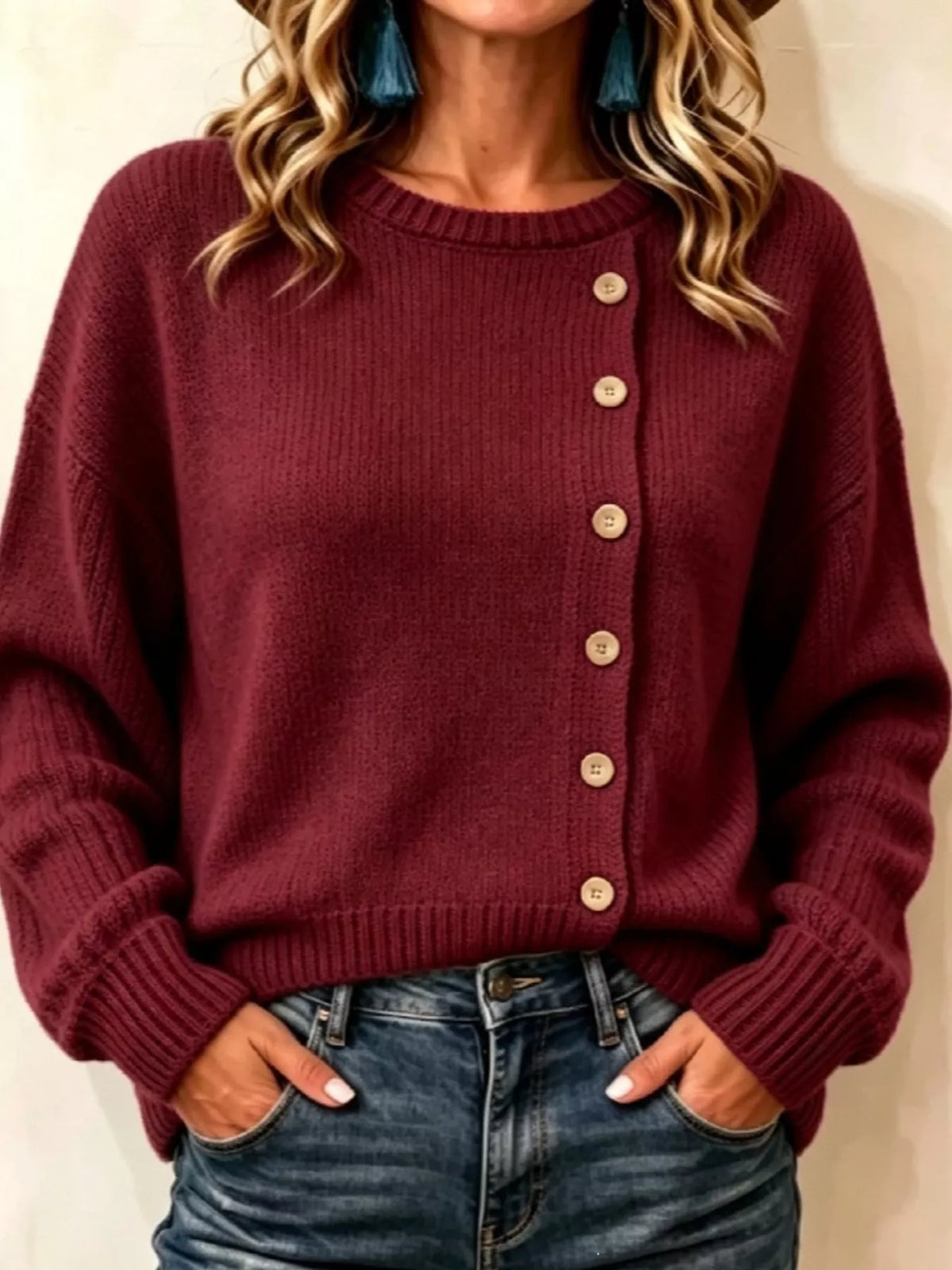 decorative button round neck sweater – basic style | dropsona - neutral - usage example