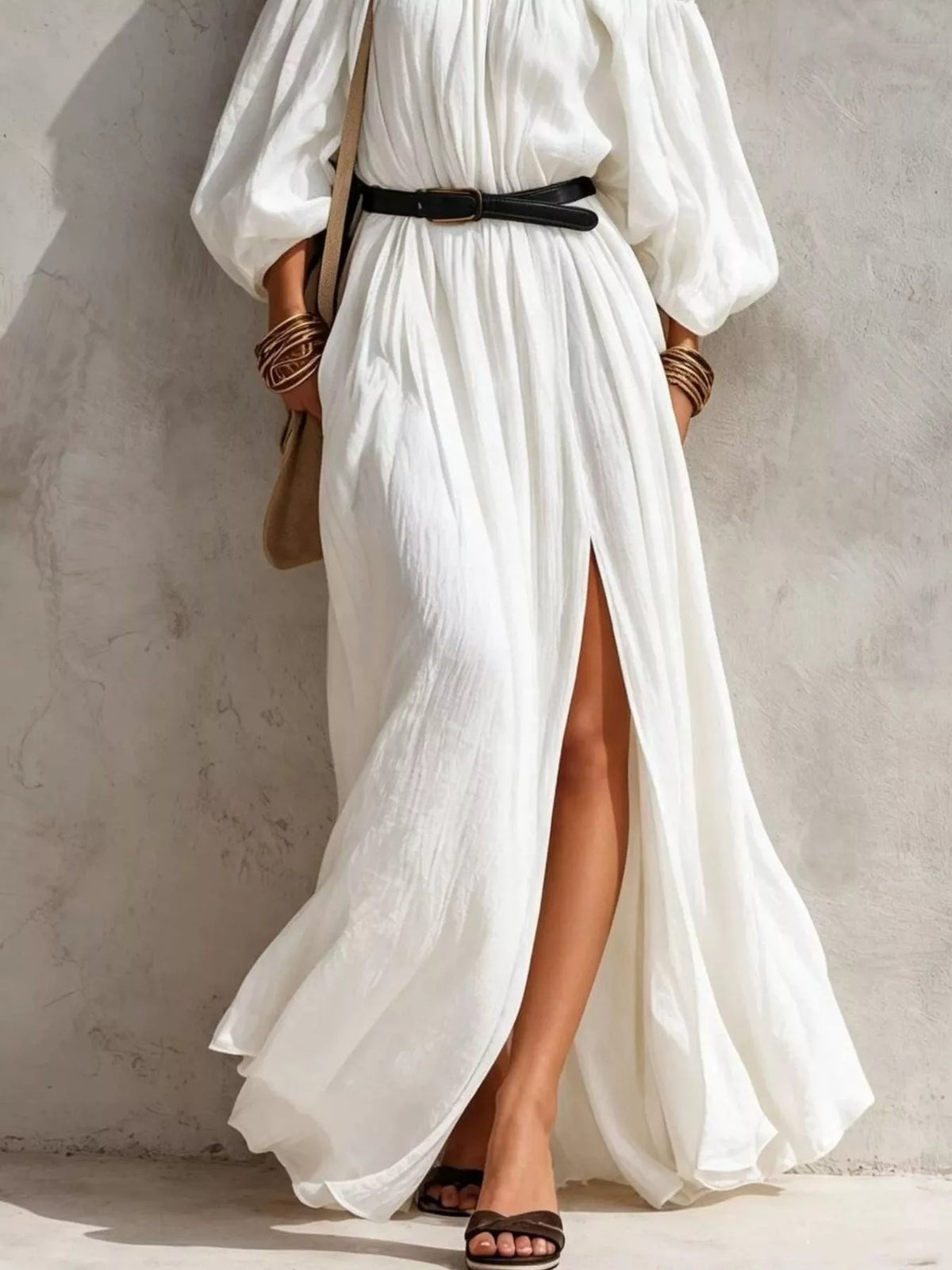 boho off-shoulder maxi dress with side slit | dropsona - neutral - close-up detail