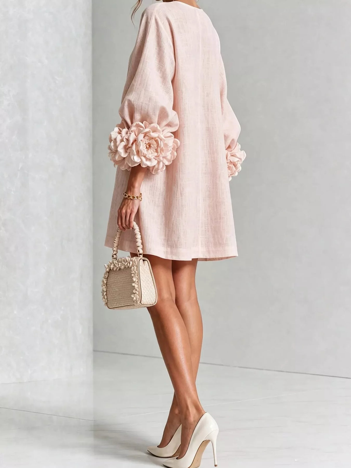 full size 3d floral sleeve accents mini dress plus | dropsona - neutral - close-up detail