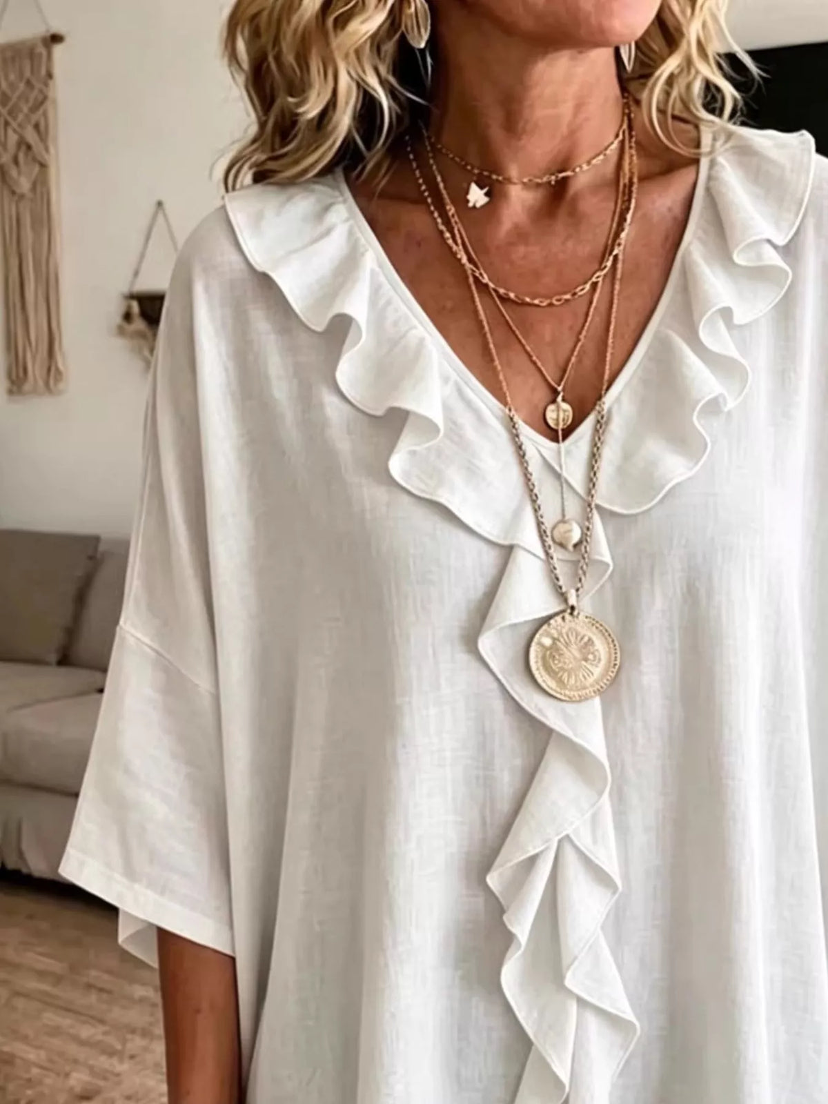 full size ruffle v-neck 3/4 sleeve blouse plus | dropsona - neutral - front view