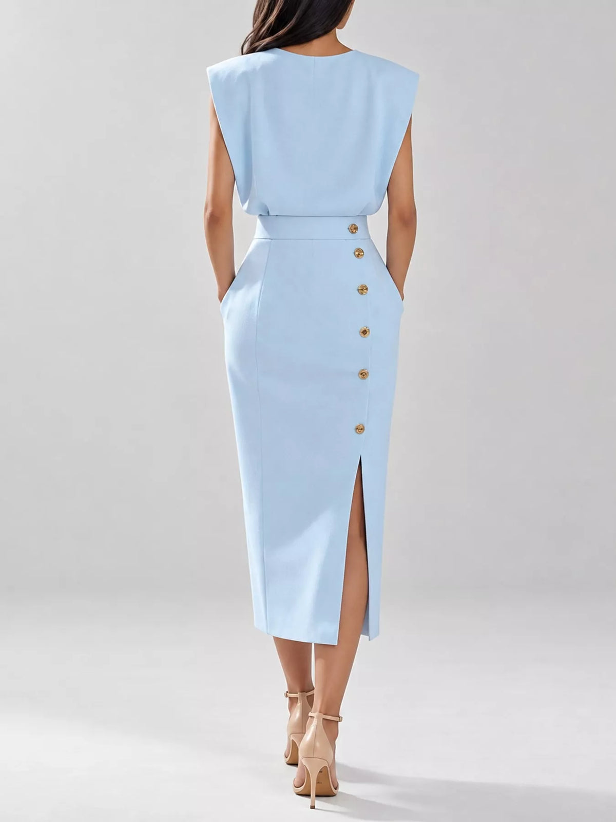 sleeveless midi dress with gold button detail and | dropsona - neutral - material texture