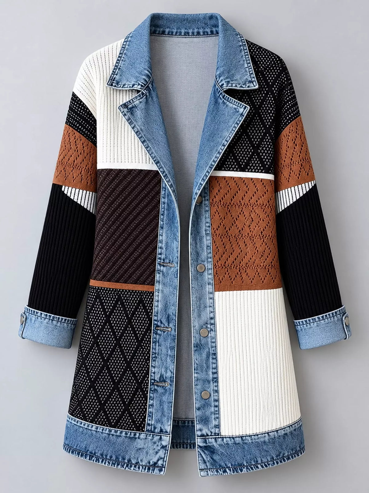 full size denim trim ribbed knit cardigan plus | dropsona - neutral - front view
