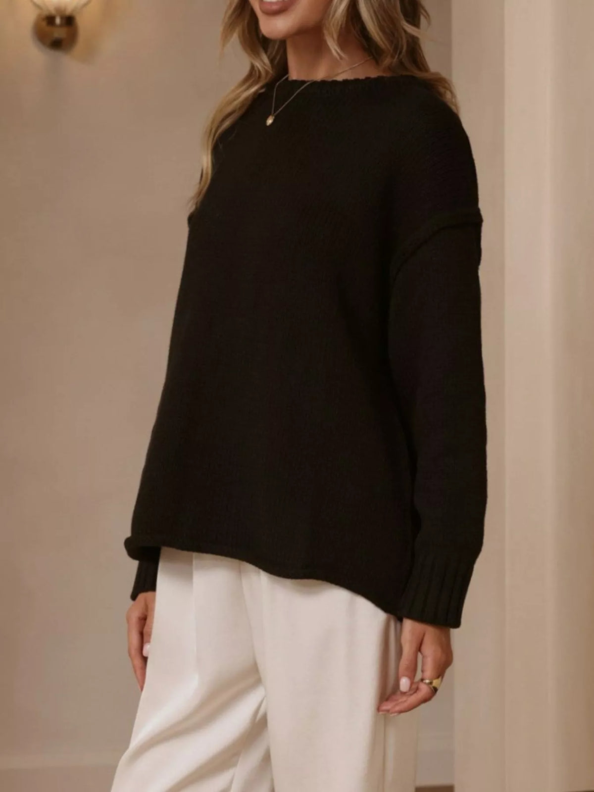 crew neck dropped shoulder sweater – basic style | dropsona - neutral - material texture