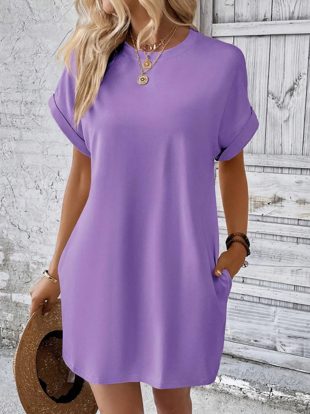 round neck short sleeve mini dress – basic style | dropsona - neutral - material texture