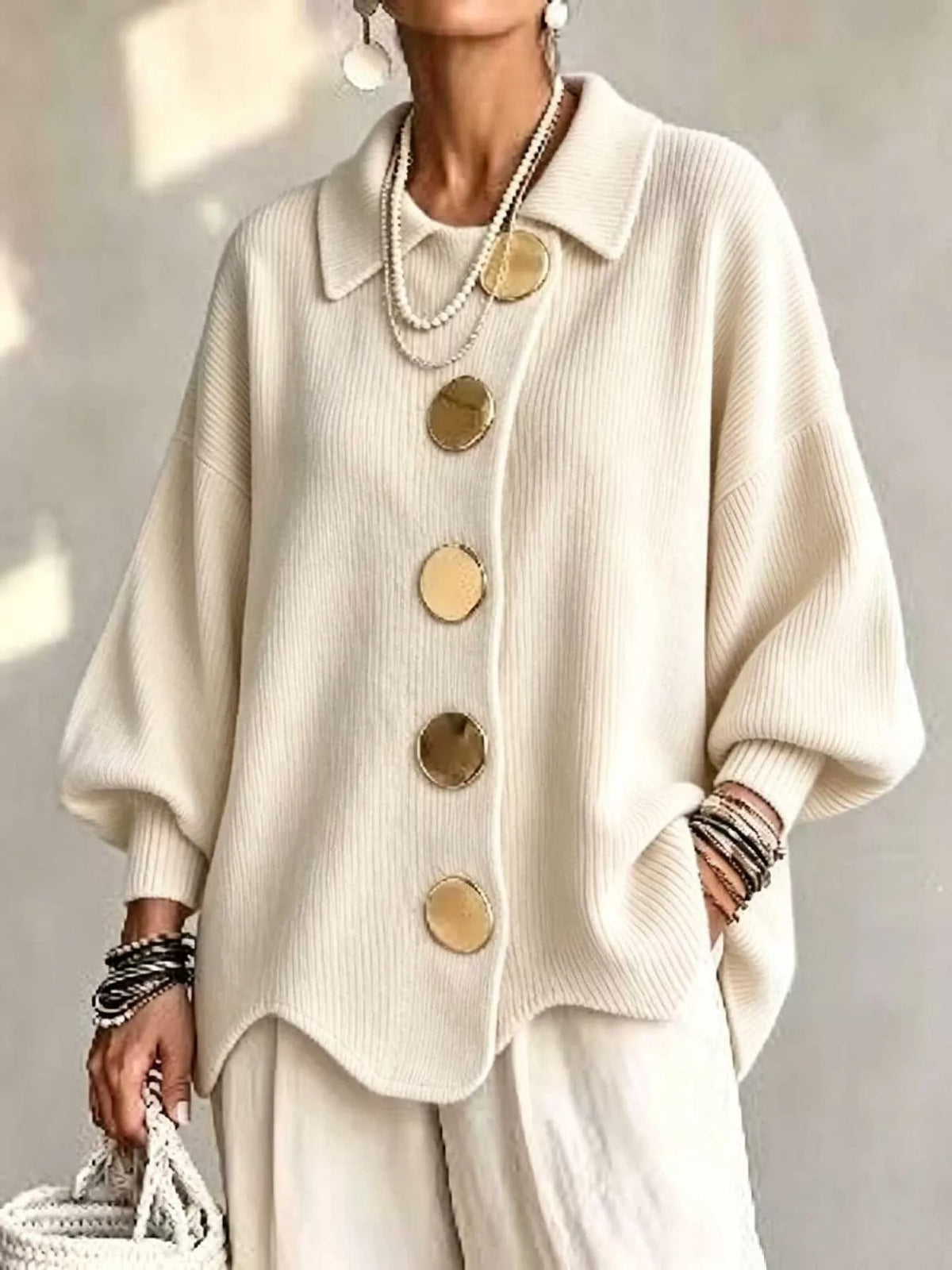 full size ribbed knit gold buttons cardigan plus | dropsona - neutral - material texture