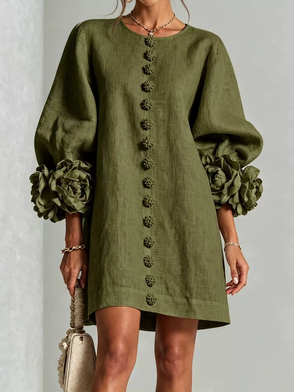 full size 3d floral sleeve accents mini dress plus | dropsona - neutral - close-up detail