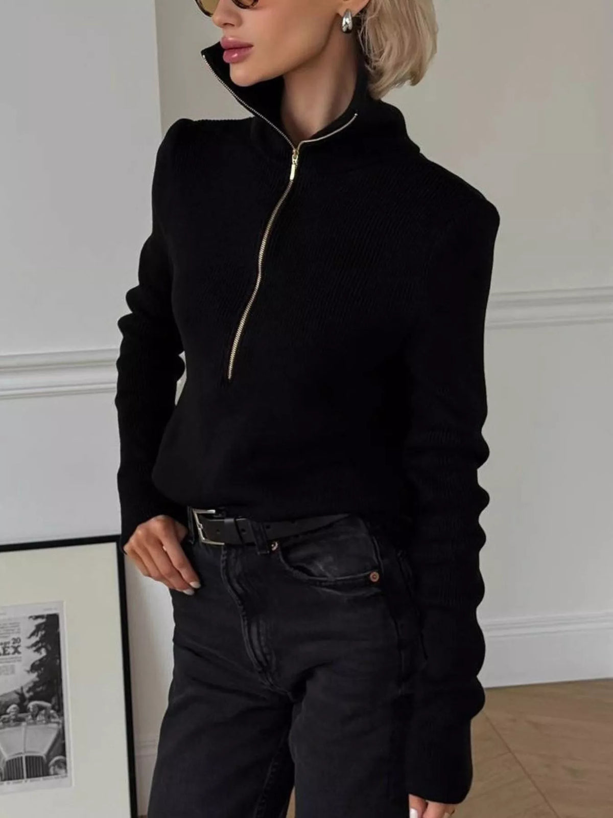 ribbed knit quarter-zip sweater – zipper | dropsona - neutral - close-up detail