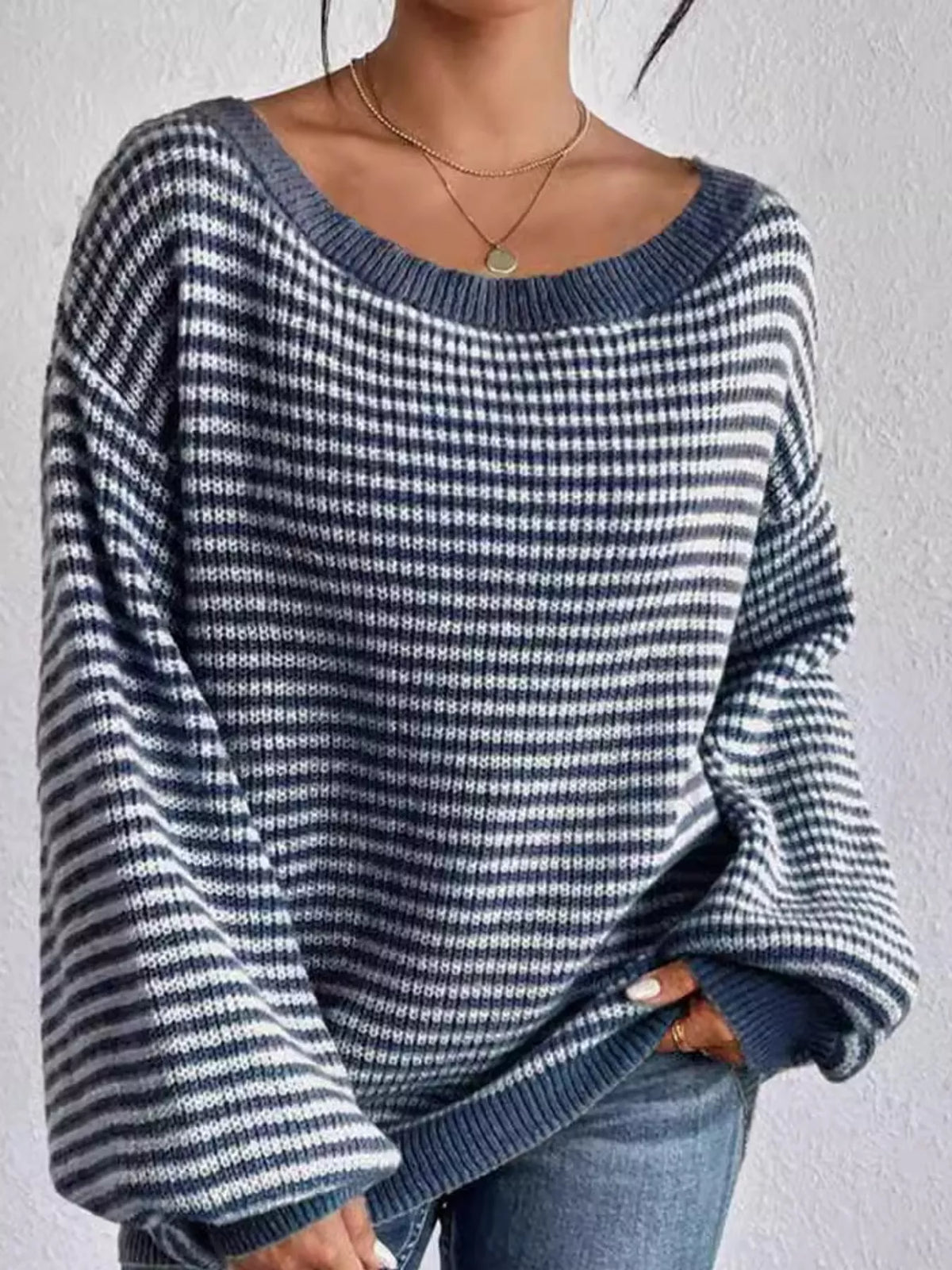 striped knit boat neck sweater – oversized,ribbed fit | dropsona - neutral - usage example