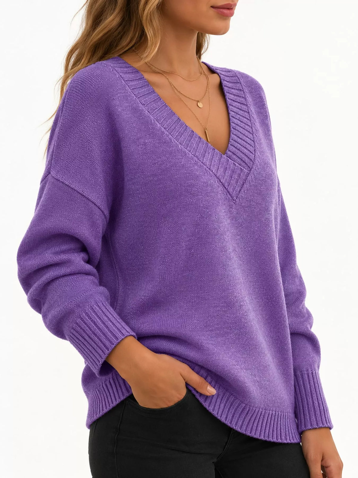 full size v-neck dropped shoulder sweater plus | dropsona - neutral - front view