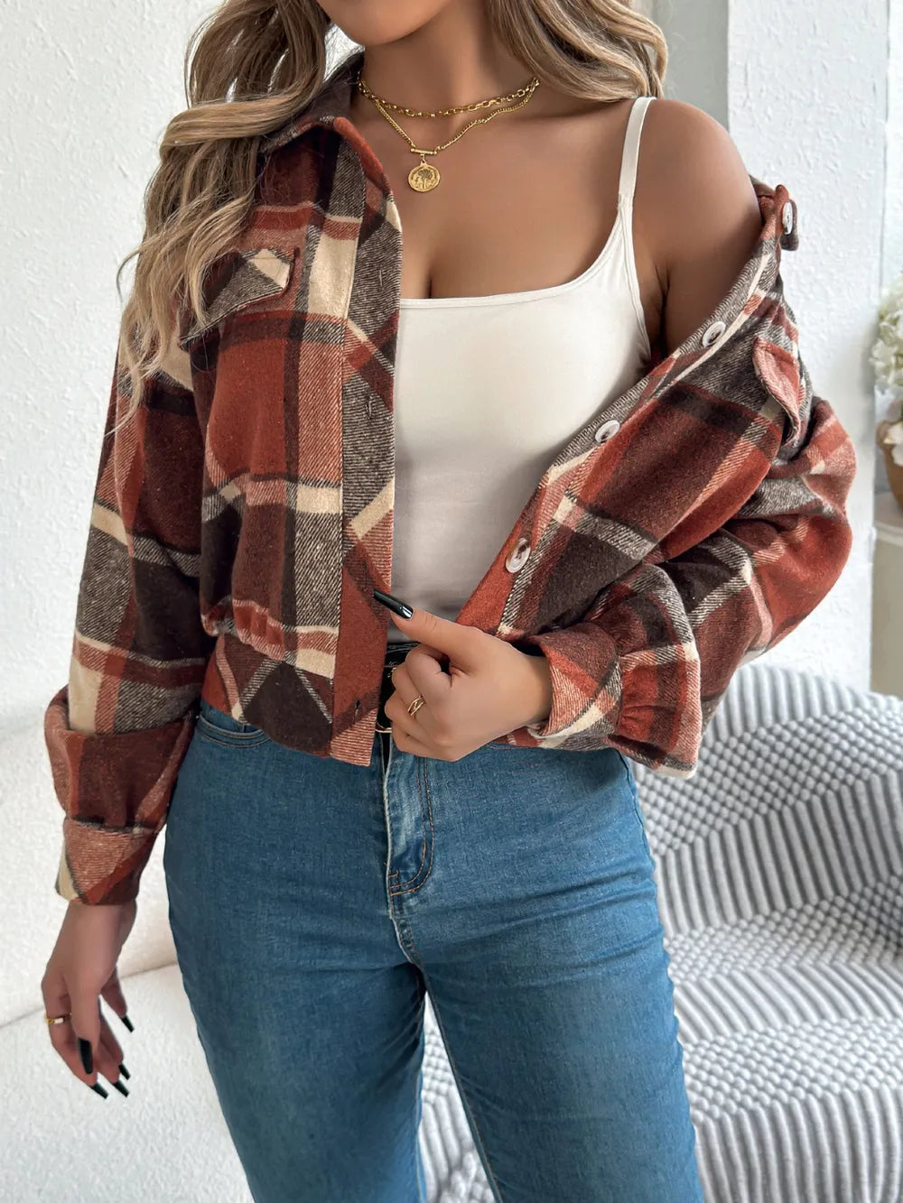 plaid button up long sleeve jacket – buttoned | dropsona - neutral - close-up detail