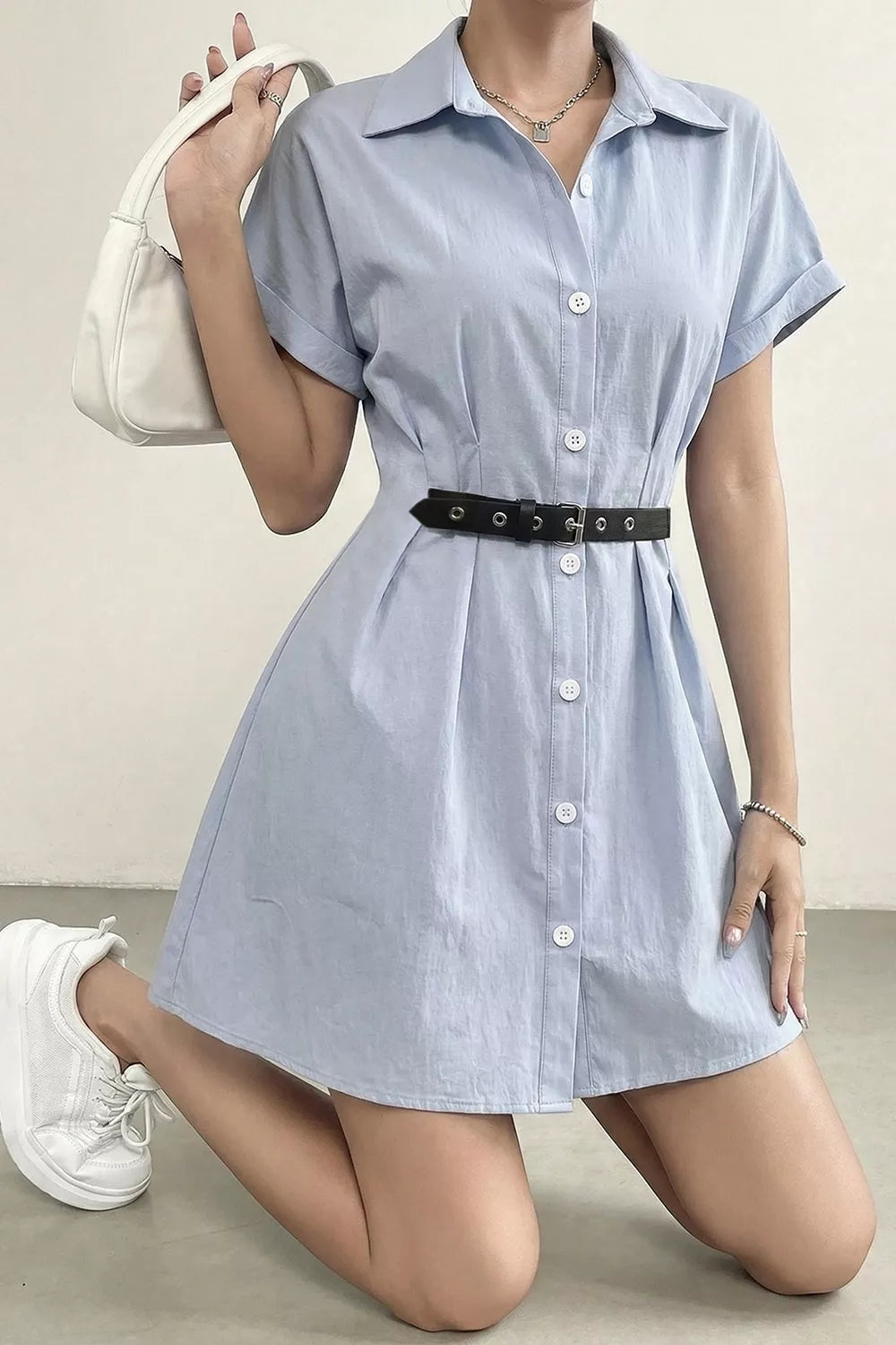 button up short sleeve shirt dress – buttoned | dropsona - neutral - close-up detail