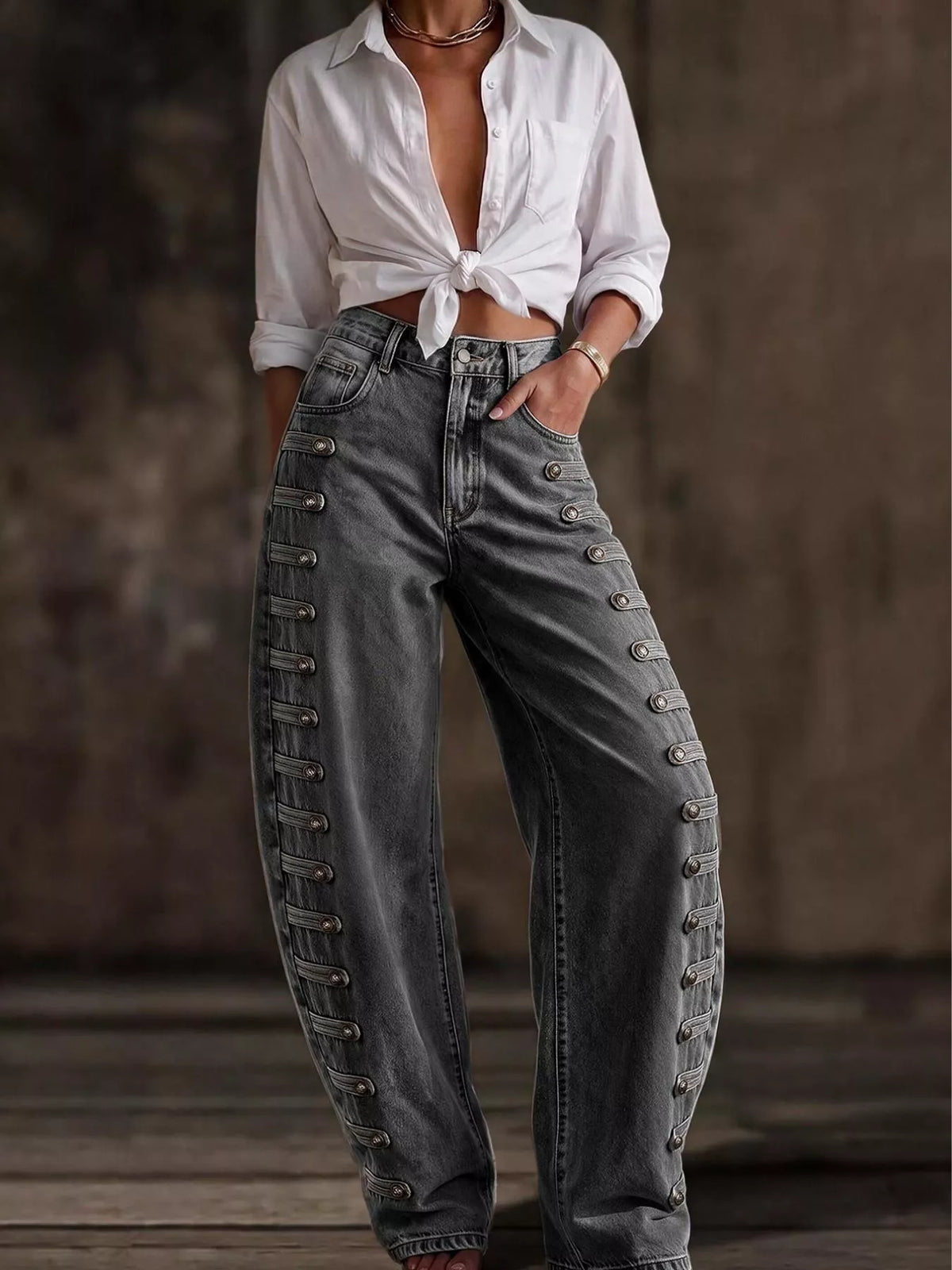 decorative button wide leg jeans – buttoned,pocketed | dropsona - neutral - size reference