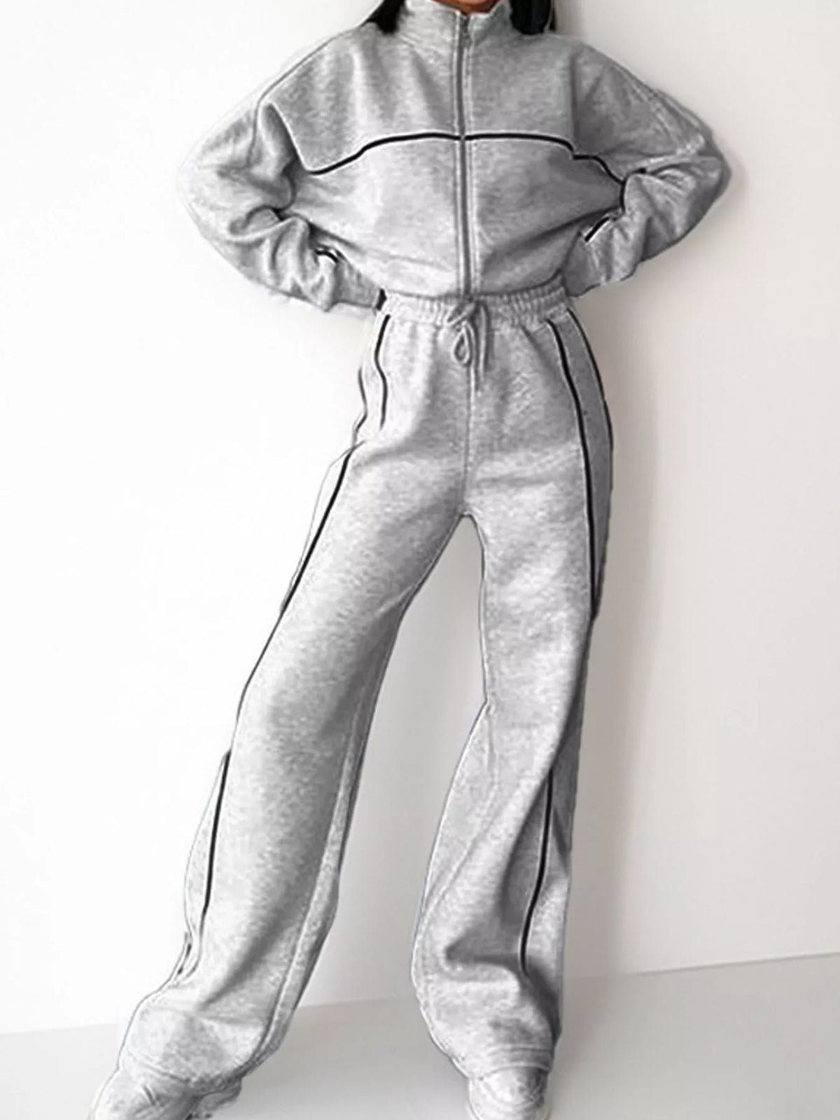 full size zip-up jacket and wide-leg pants set plus | dropsona - neutral - close-up detail