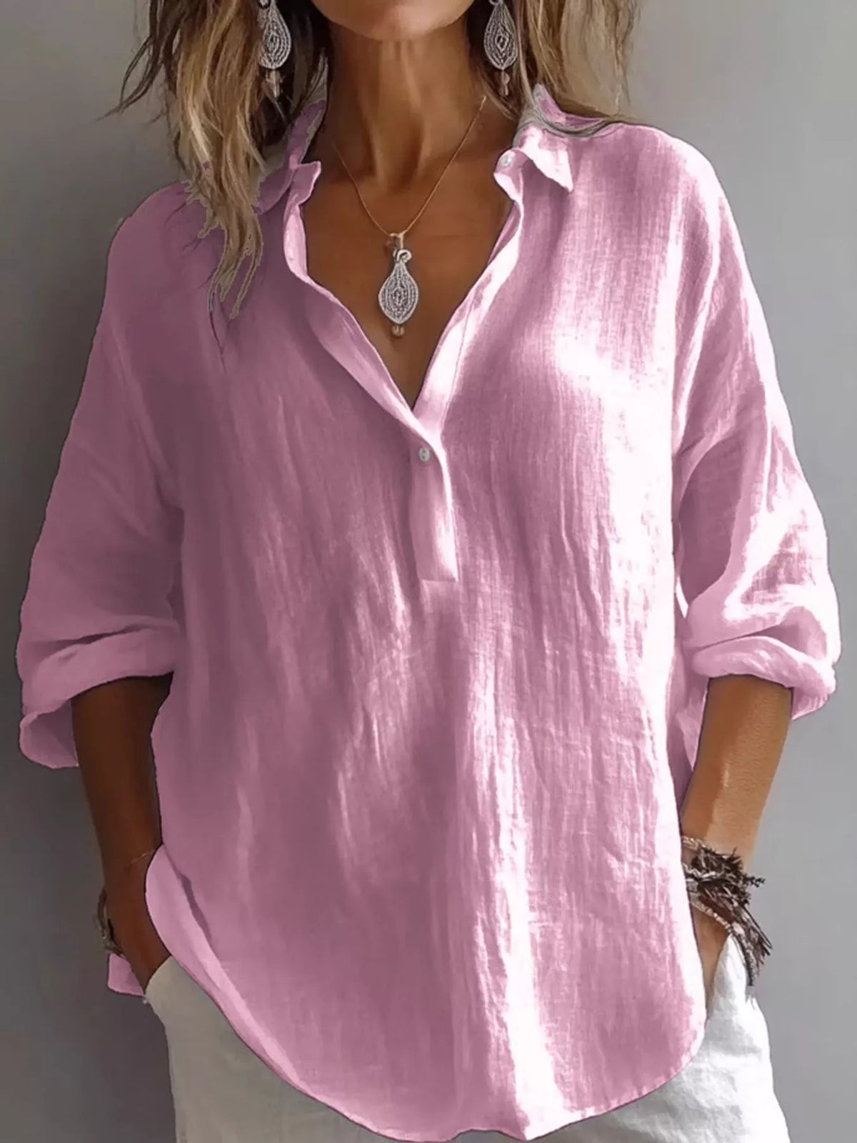 collared neck long sleeve blouse | dropsona - neutral - material texture