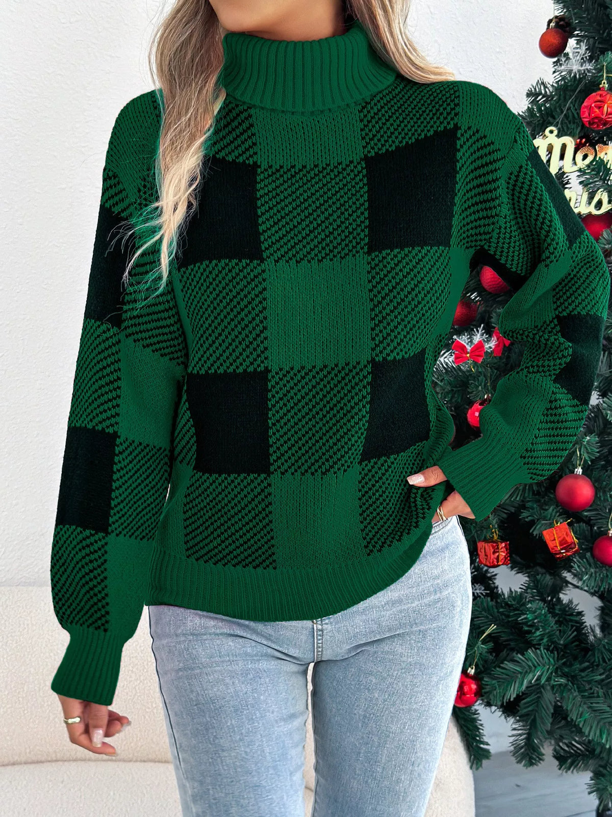 christmas plaid long sleeve turtleneck sweater | dropsona - neutral - material texture