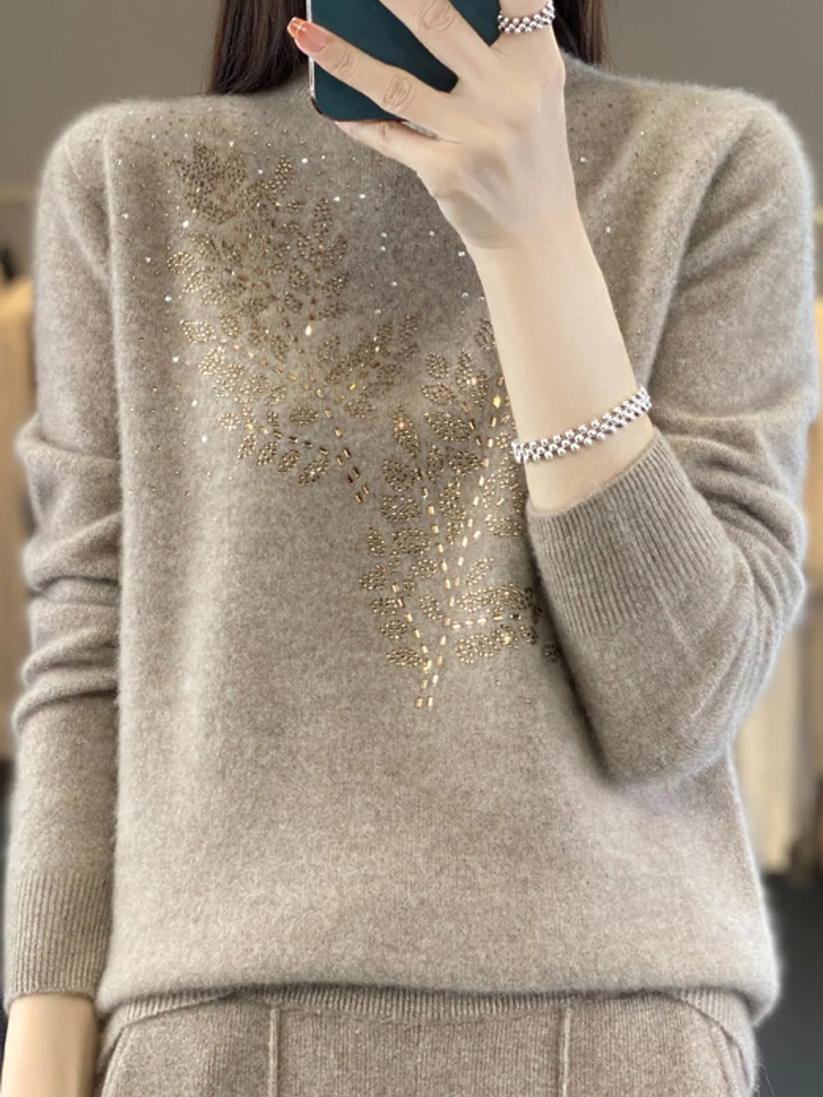 rhinestone leaf mock neck sweater | dropsona polyester - neutral - packaging