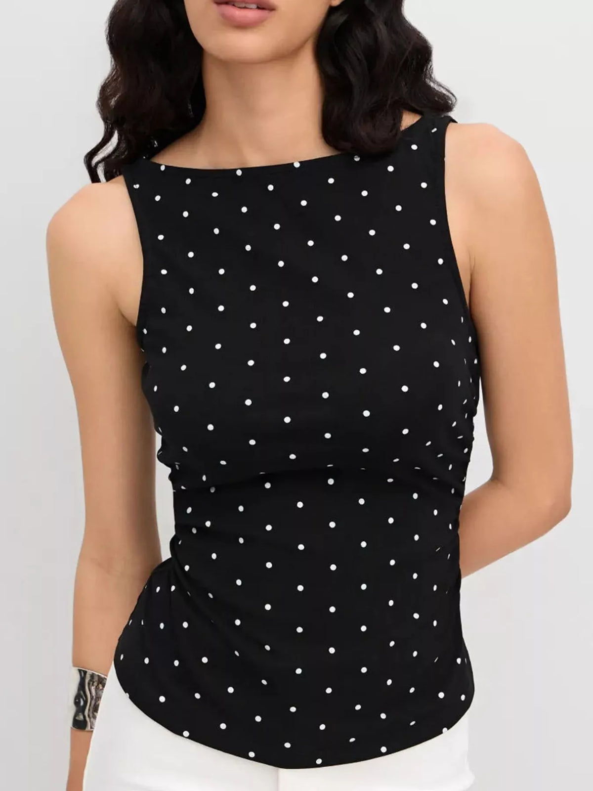 polka dot print sleeveless tank top with tie back | dropsona - neutral - front view