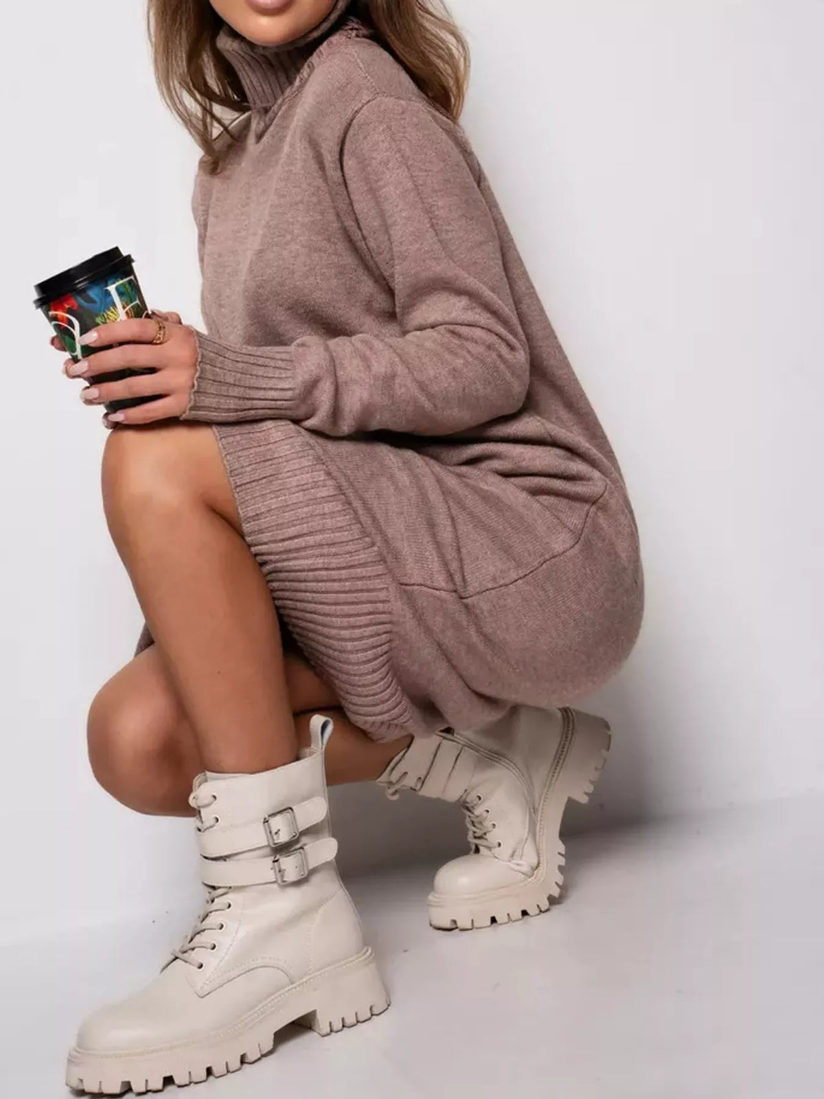 turtleneck ribbed knit sweater dress | dropsona - neutral - packaging