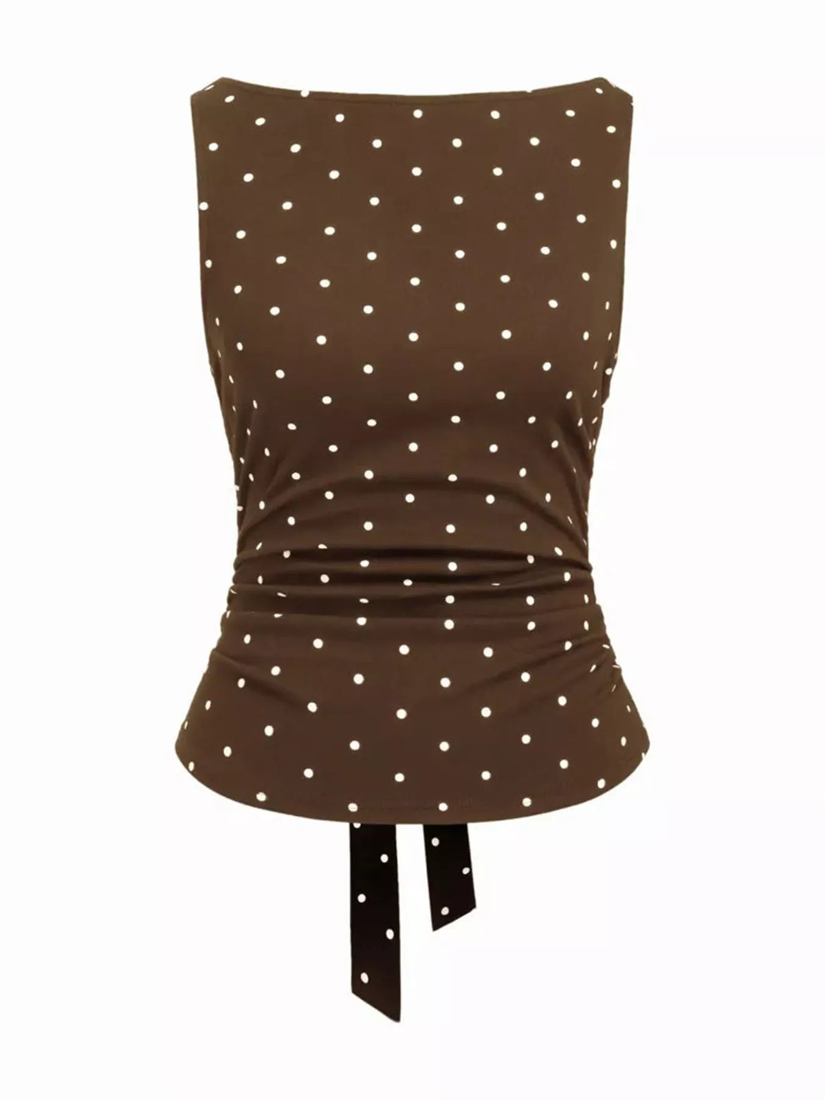 polka dot print sleeveless tank top with tie back | dropsona - neutral - close-up detail