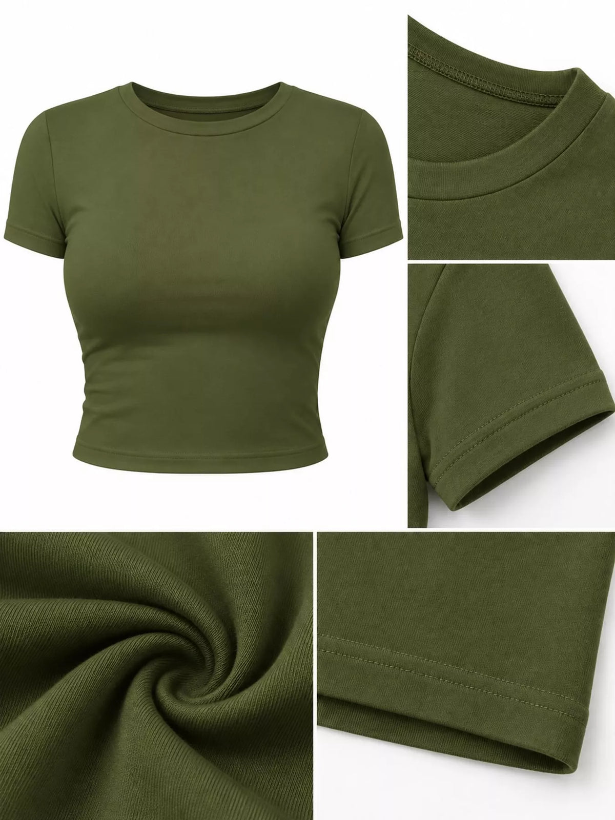 slim fit basic crew neck short sleeve crop t-shirt | dropsona - neutral - front view