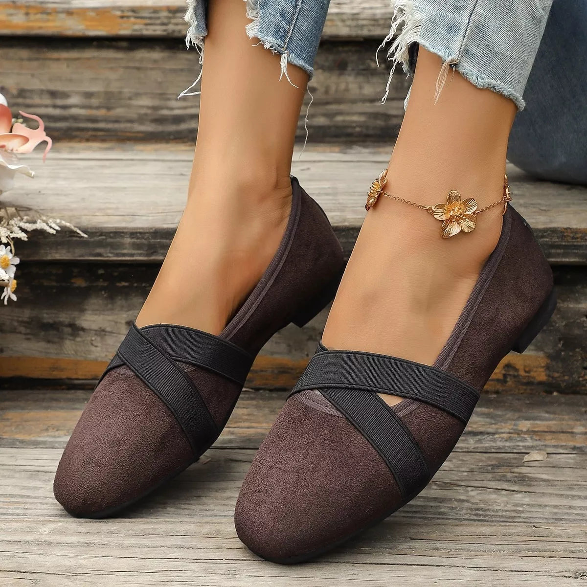 suede cross-strap slip-on loafers – dear monkey | dropsona - neutral - close-up detail