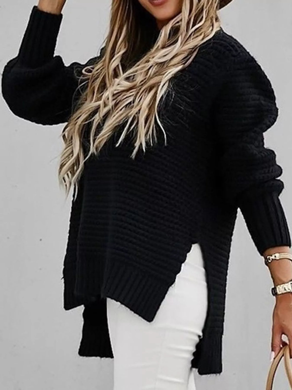 side slit textured knit sweater – ribbed,slit fit | dropsona - neutral - packaging