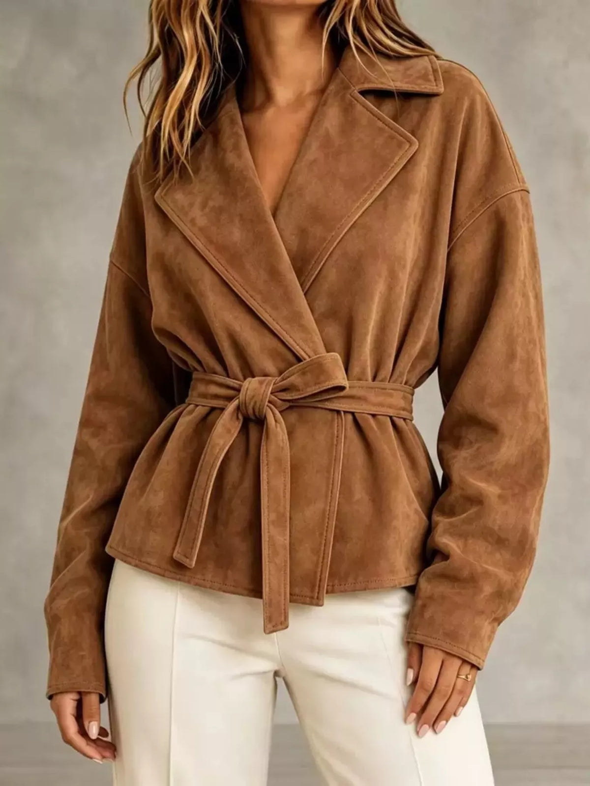 tie-waist lapel collar jacket – yeesh | dropsona - neutral - close-up detail