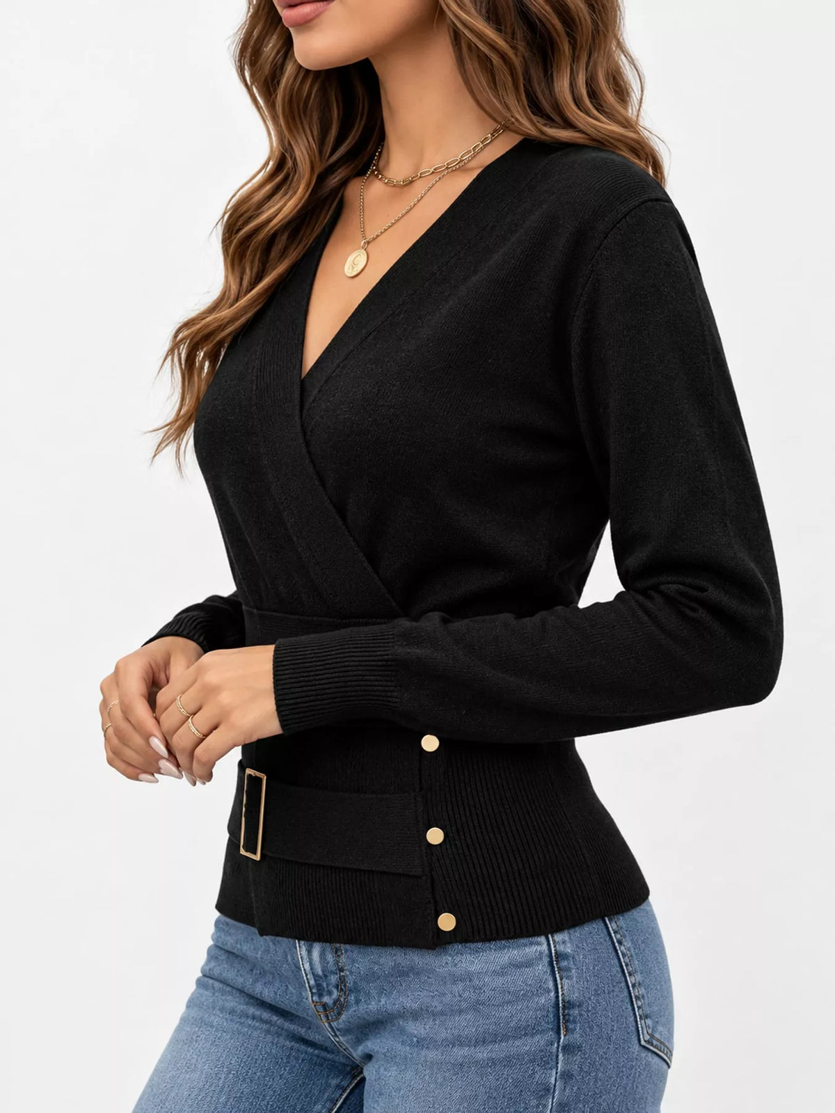surplice elastic waist long sleeve knit top | dropsona - neutral - packaging