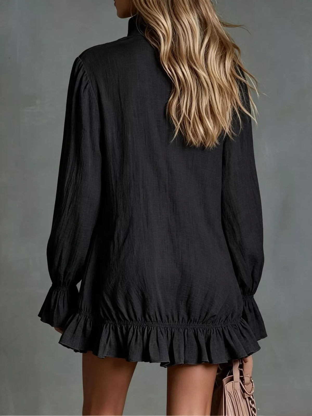 zipper-front ruffle hem mini dress – zipper, ruffled | dropsona - neutral - close-up detail