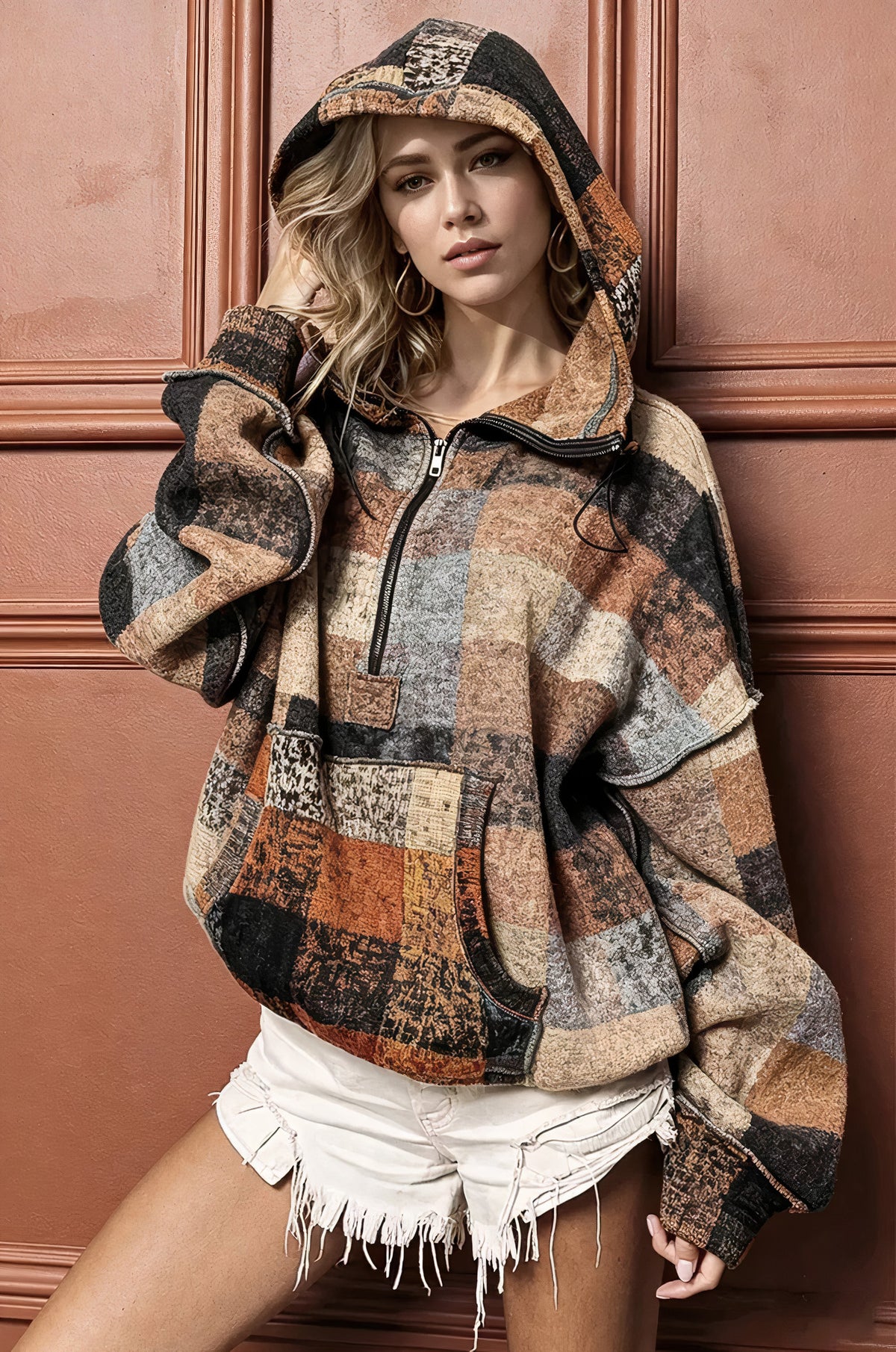 double take full size half zip exposed seam fleece hoodie - everyday wear