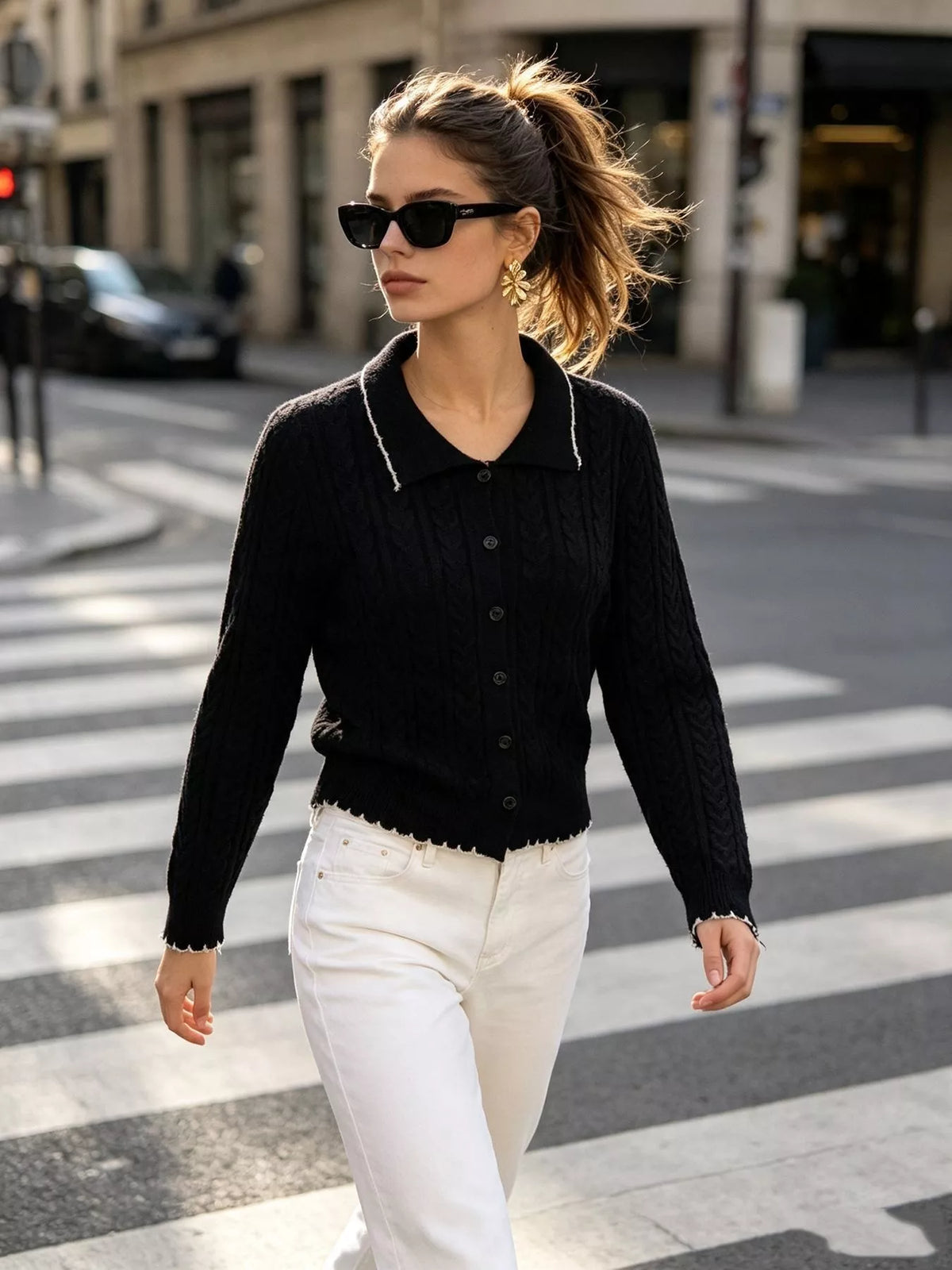 cable knit polo collar button-up cardigan | dropsona - neutral - usage example