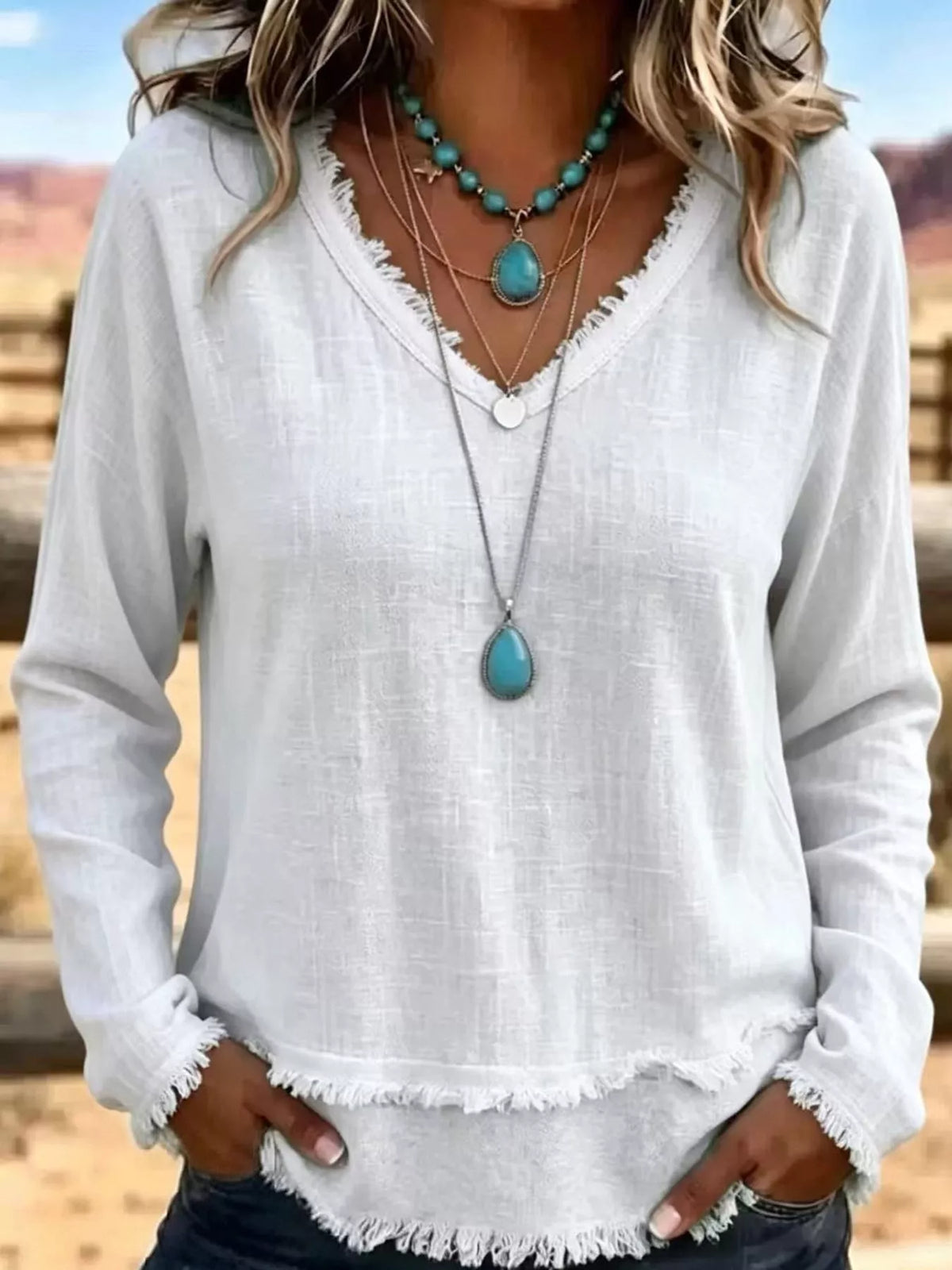full size frayed hem v-neck blouse plus | dropsona - neutral - close-up detail