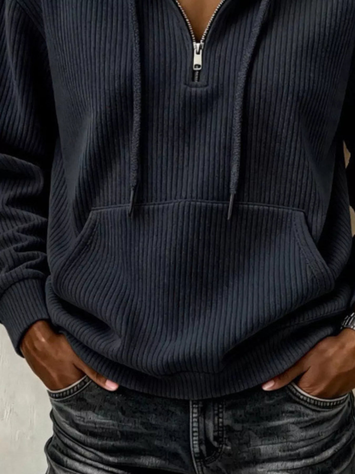 ribbed knit quarter-zip hoodie | dropsona - neutral - usage example