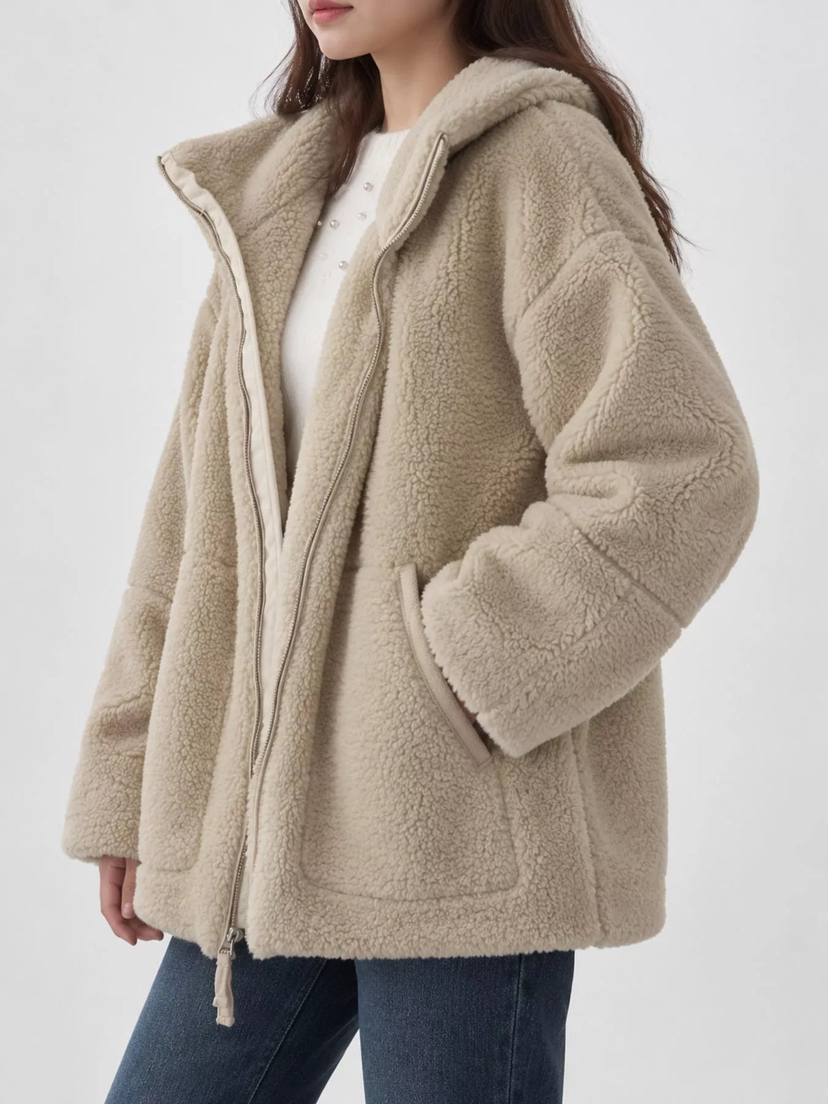 sherpa zip-up outerwear | dropsona - neutral - close-up detail