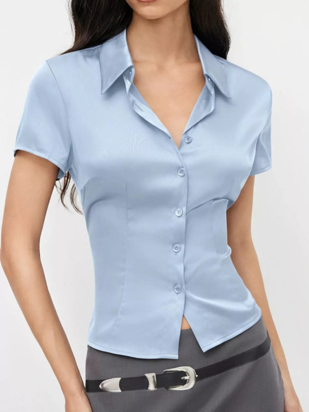 satin short sleeve button-down shirt | dropsona - neutral - everyday use