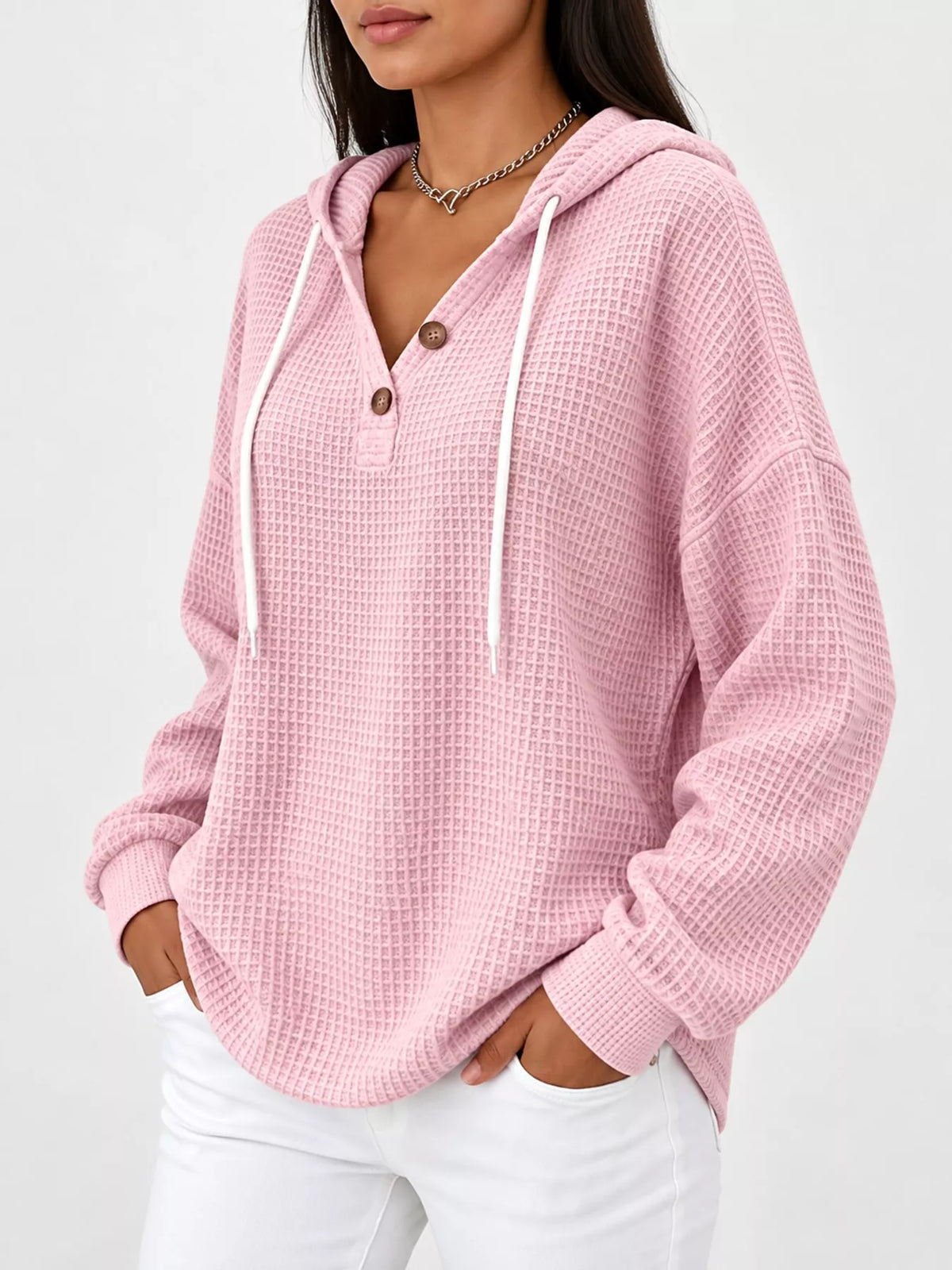 full size waffle knit button detail hoodie plus | dropsona - neutral - material texture