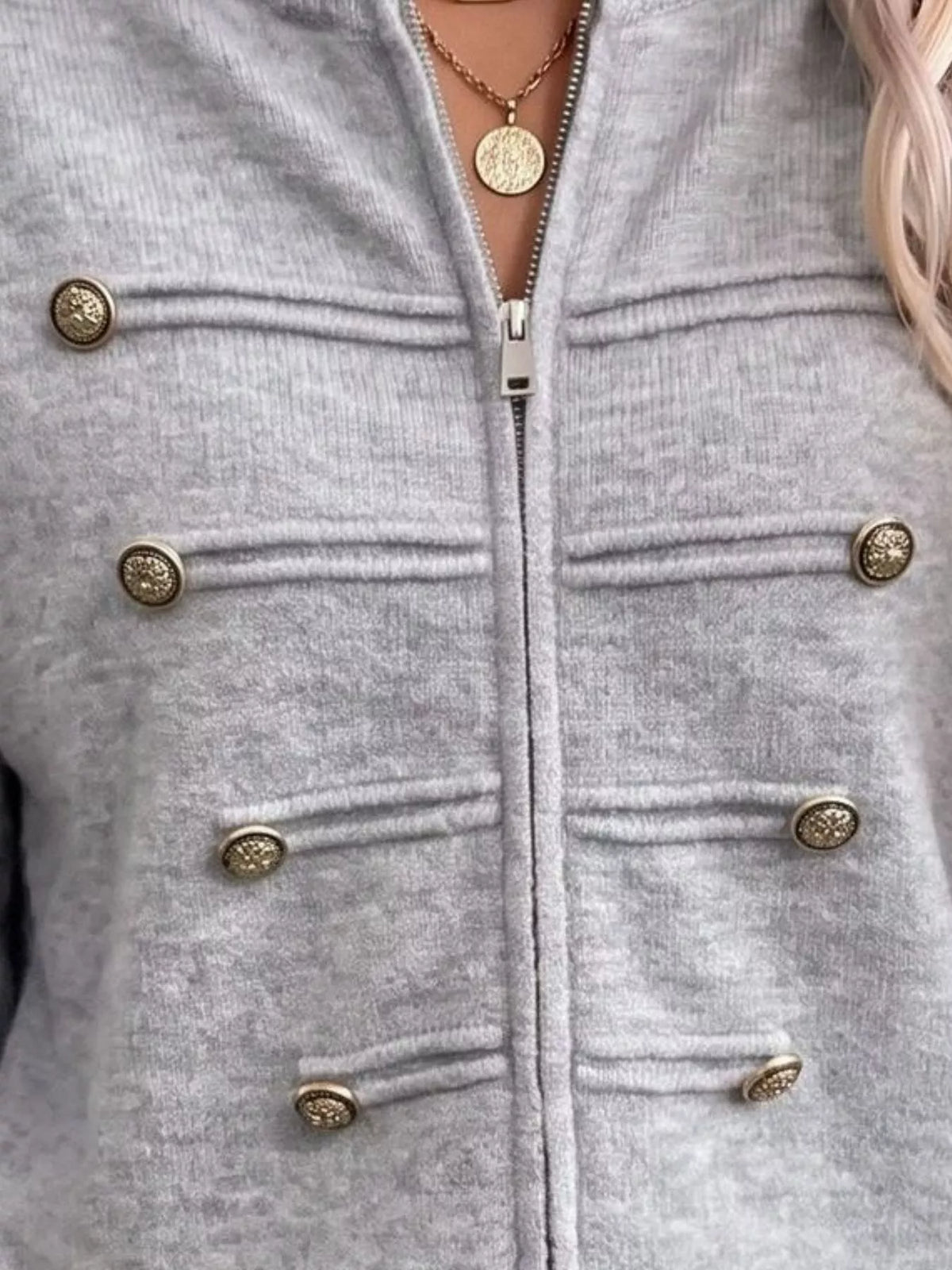 zip-up long sleeve cardigan – decorative button | dropsona - neutral - material texture