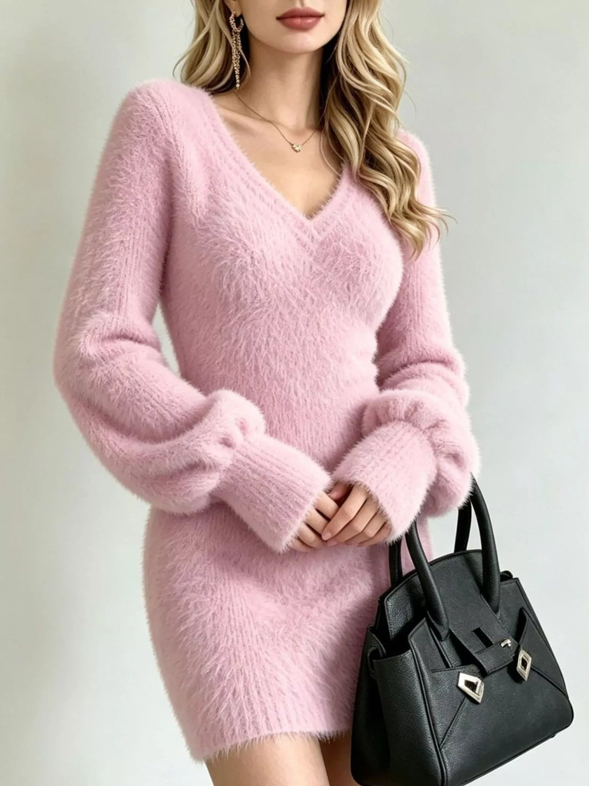 fuzzy v-neck long sleeve sweater dress – basic style | dropsona - neutral - close-up detail