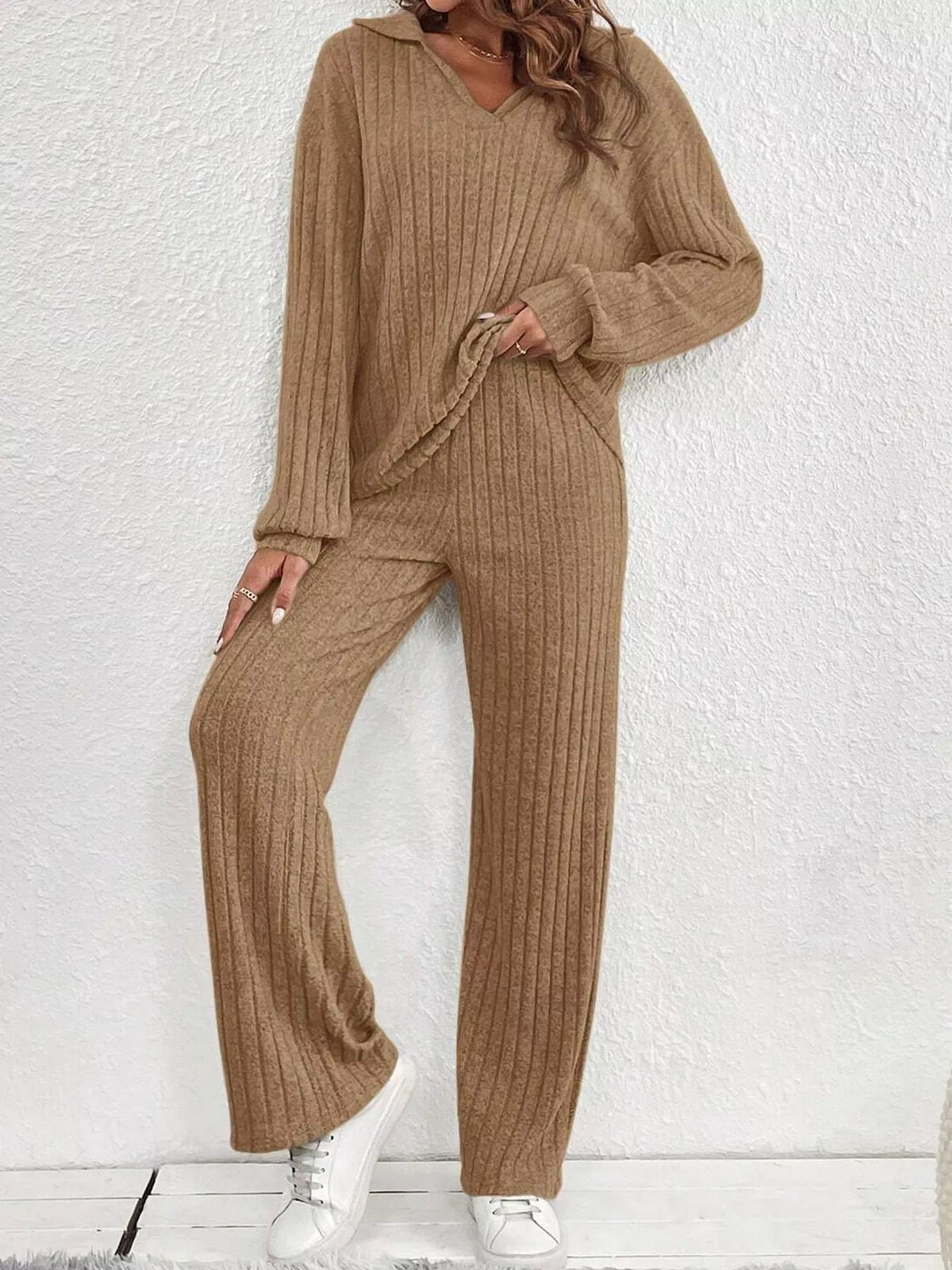 ribbed knit collared top and wide leg pants set | dropsona - neutral - front view