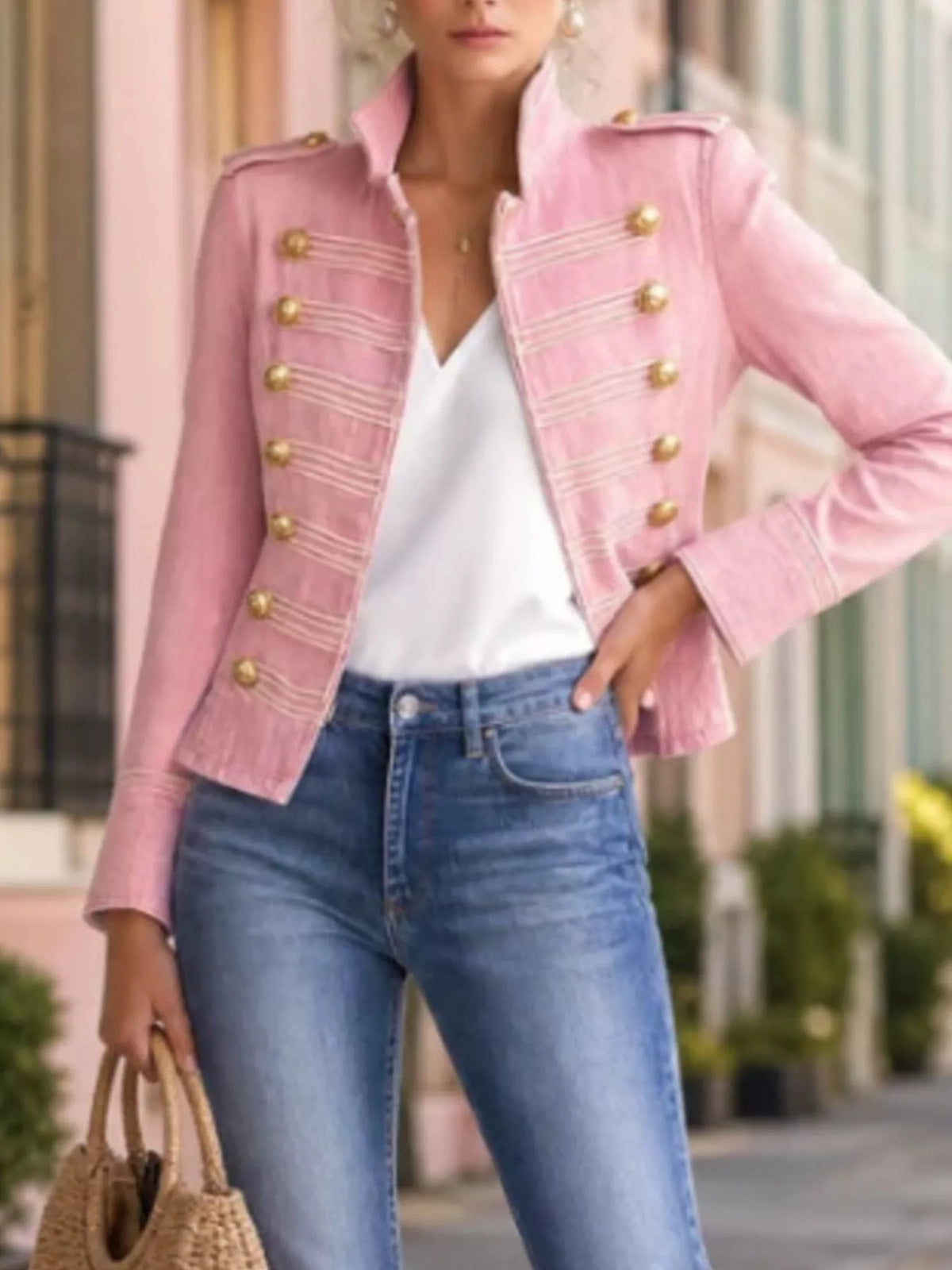 military-inspired denim jacket with gold button | dropsona - neutral - close-up detail