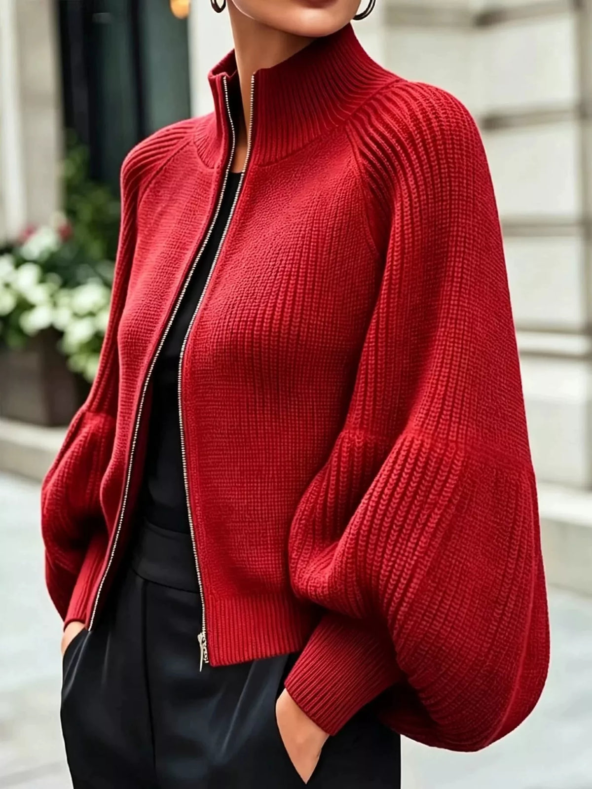 full size elegant ribbed knit zip-up cardigan with | dropsona - neutral - packaging