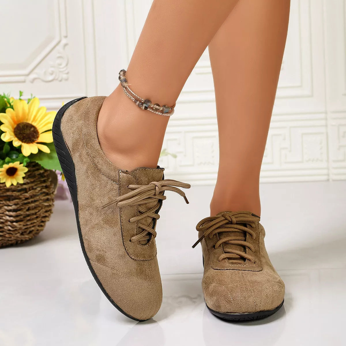 round toe lace up sneakers – modern steps | dropsona - neutral - front view