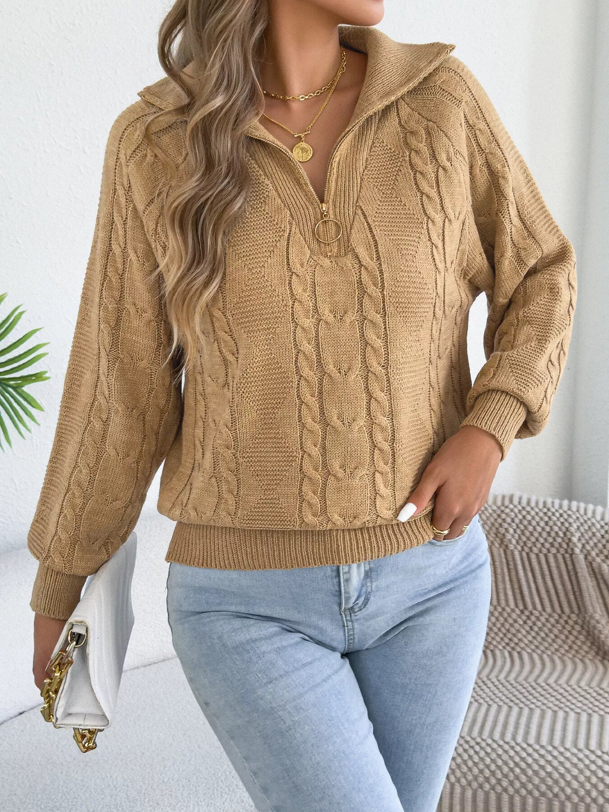 quarter-zip cable knit sweater – cable-knit,zipper | dropsona - neutral - material texture