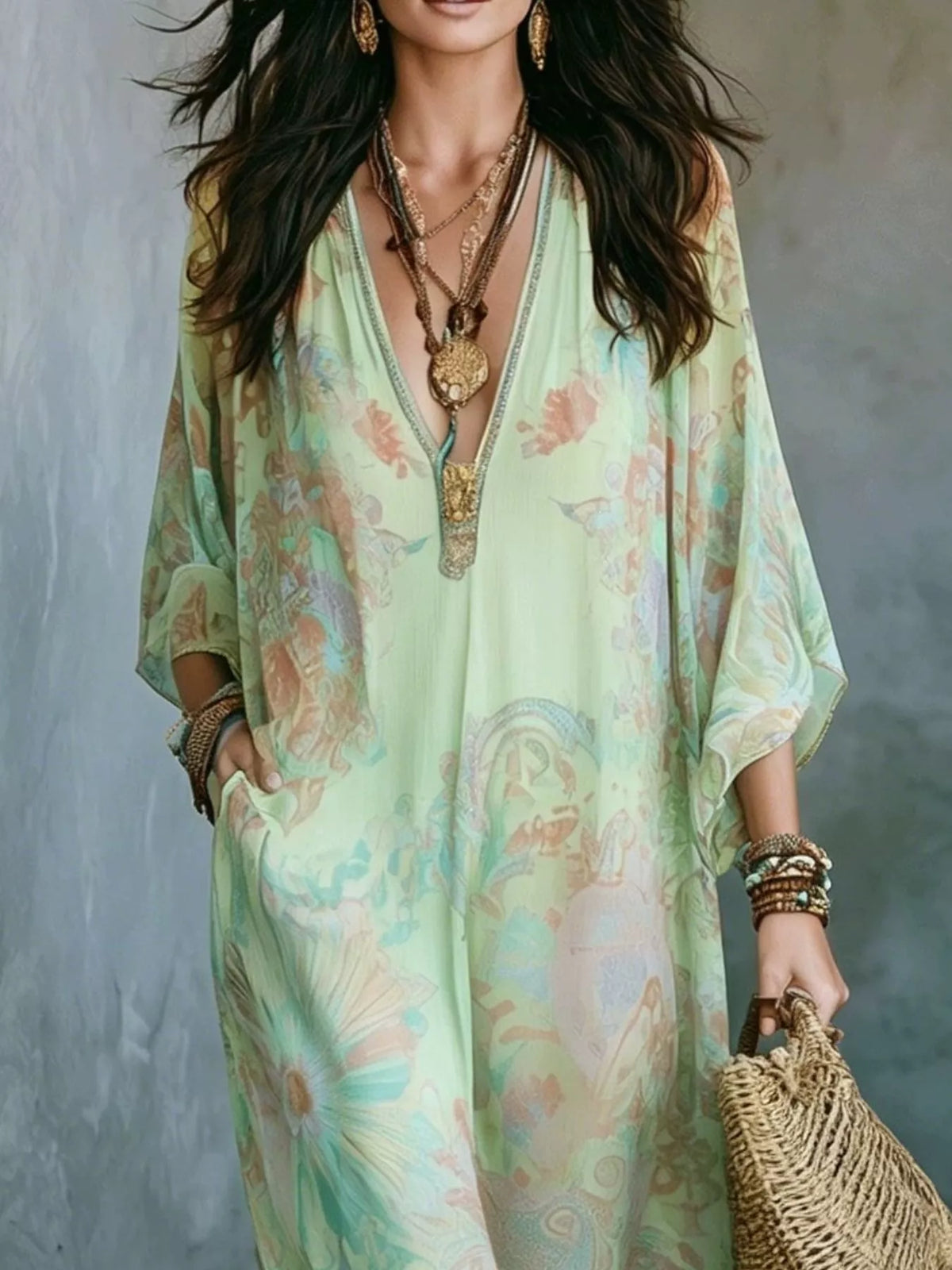 full size floral print v-neck maxi dress plus | dropsona - neutral - size reference