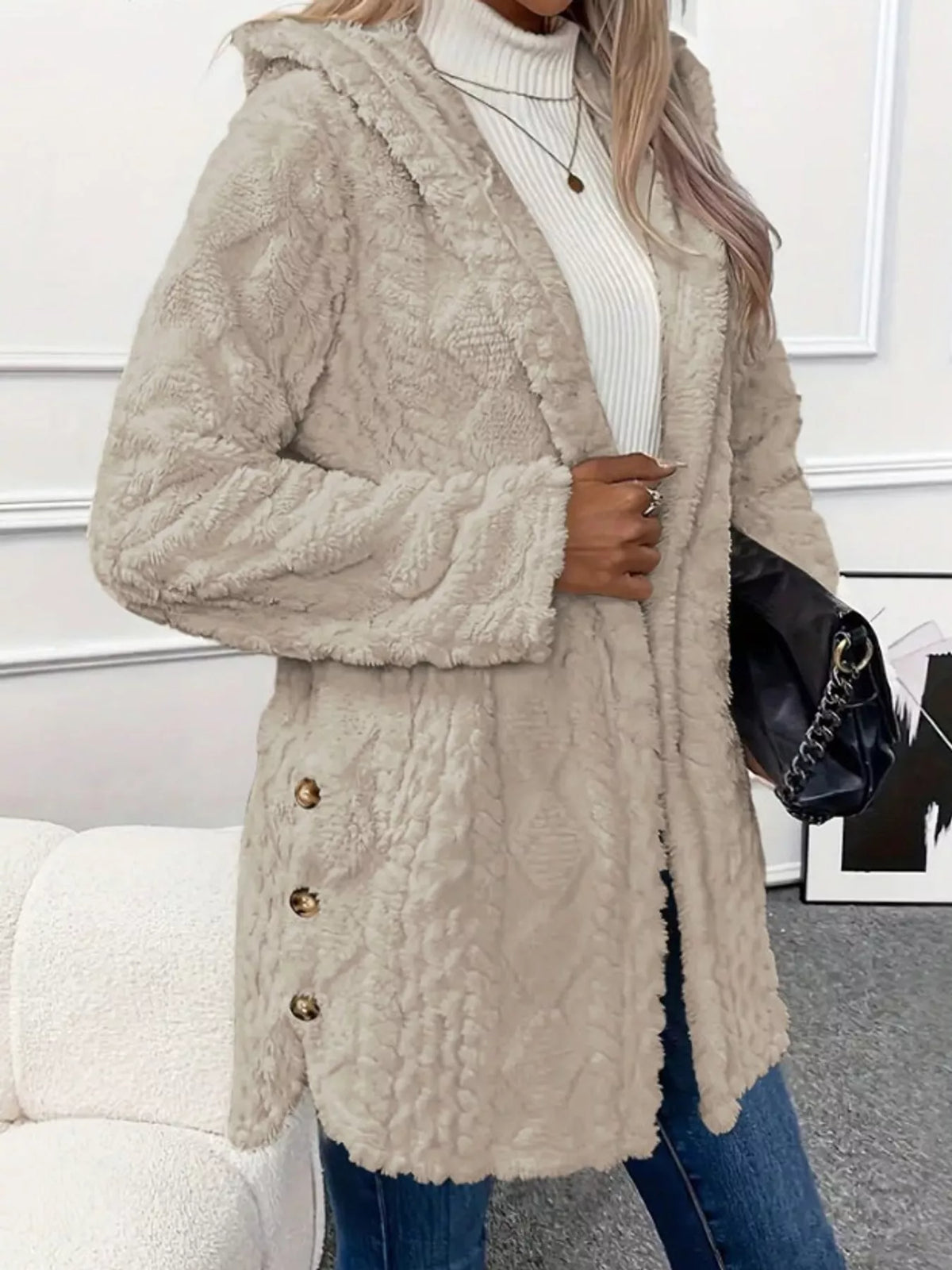 full size cozy cable-knit faux fur hooded outerwear | dropsona - neutral - usage example