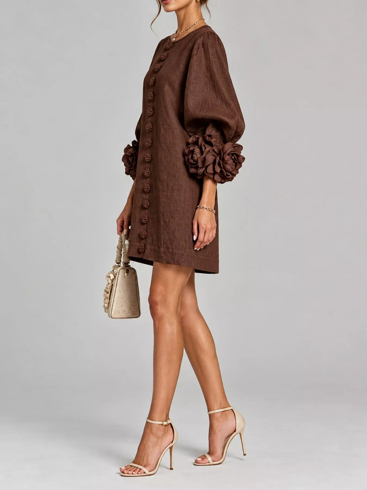 full size 3d floral sleeve accents mini dress plus | dropsona - neutral - front view