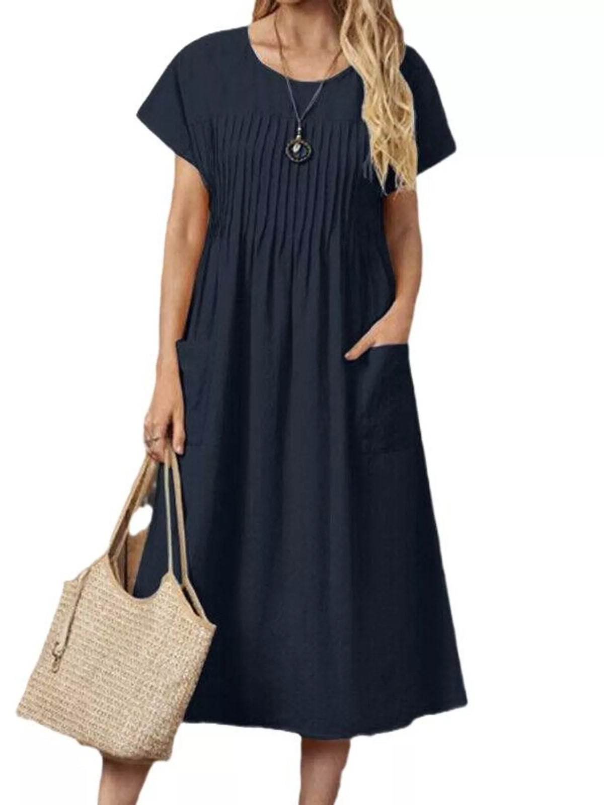 full size elegant pleated casual midi dress with | dropsona - neutral - front view