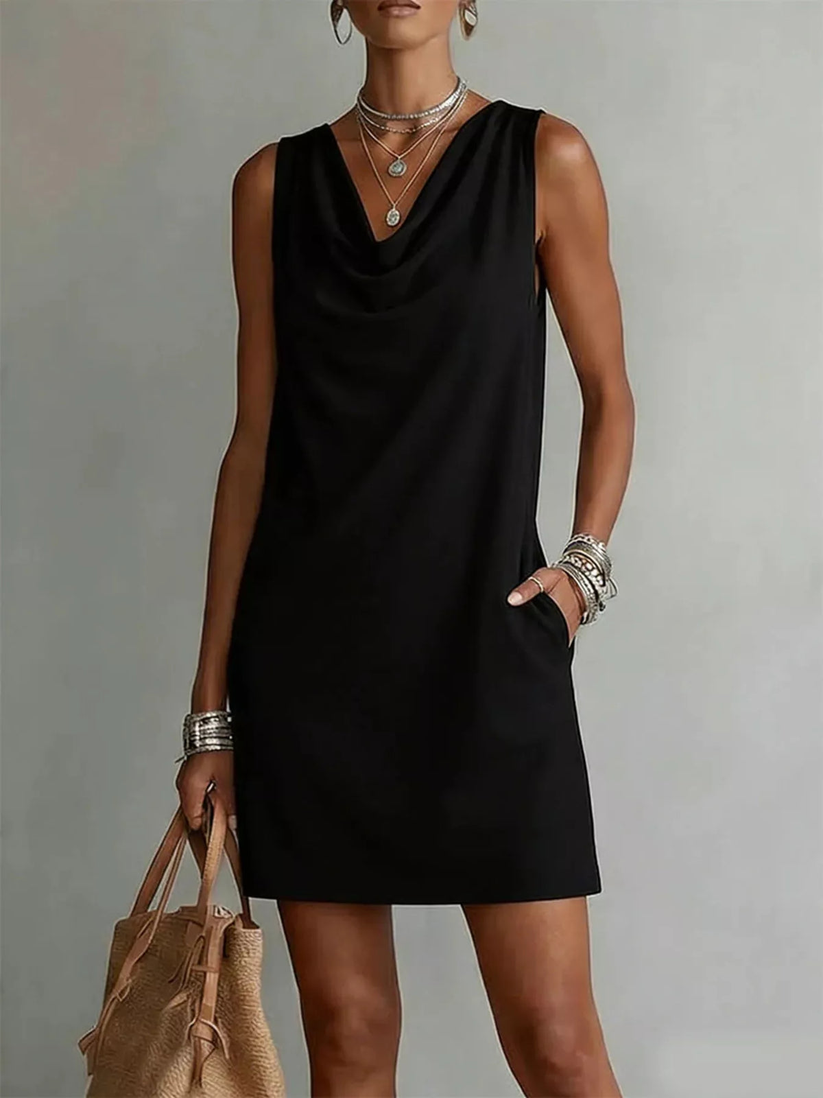 full size sleeveless cowl neck mini dress plus | dropsona - neutral - material texture