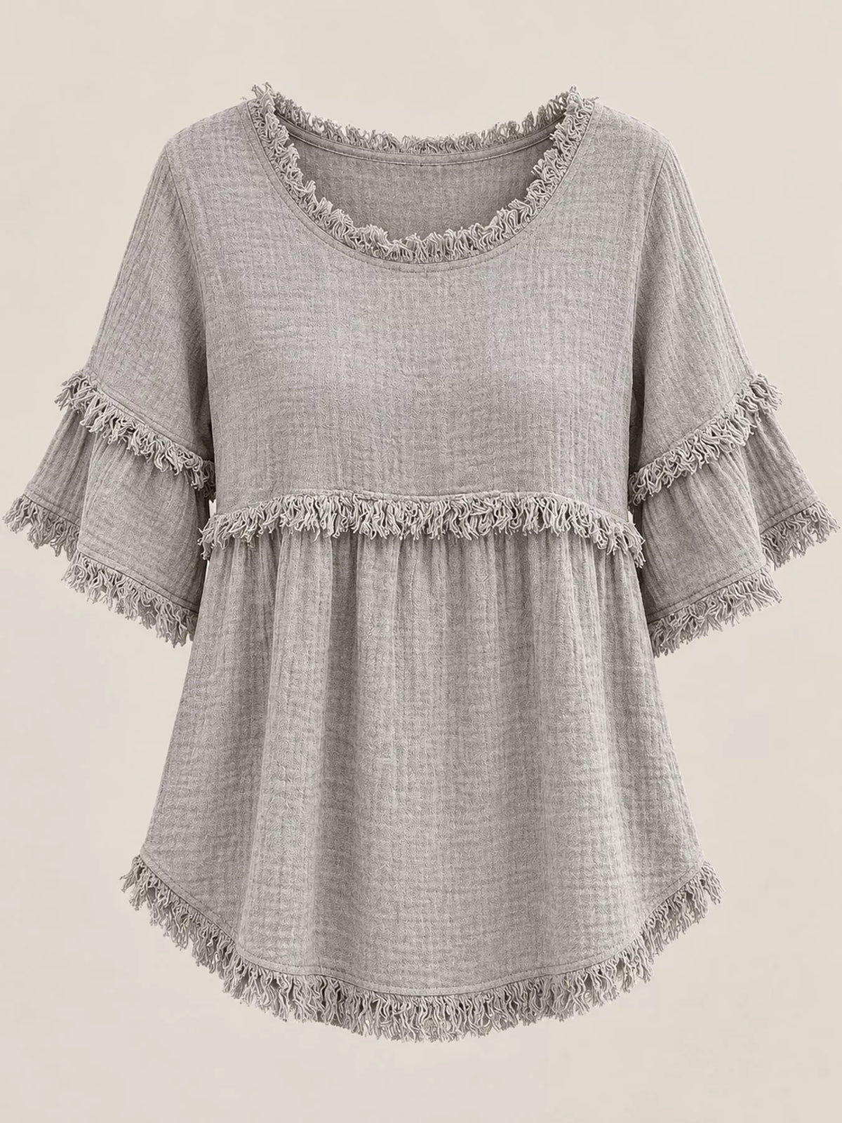full size frayed edge textured blouse plus | dropsona - neutral - close-up detail